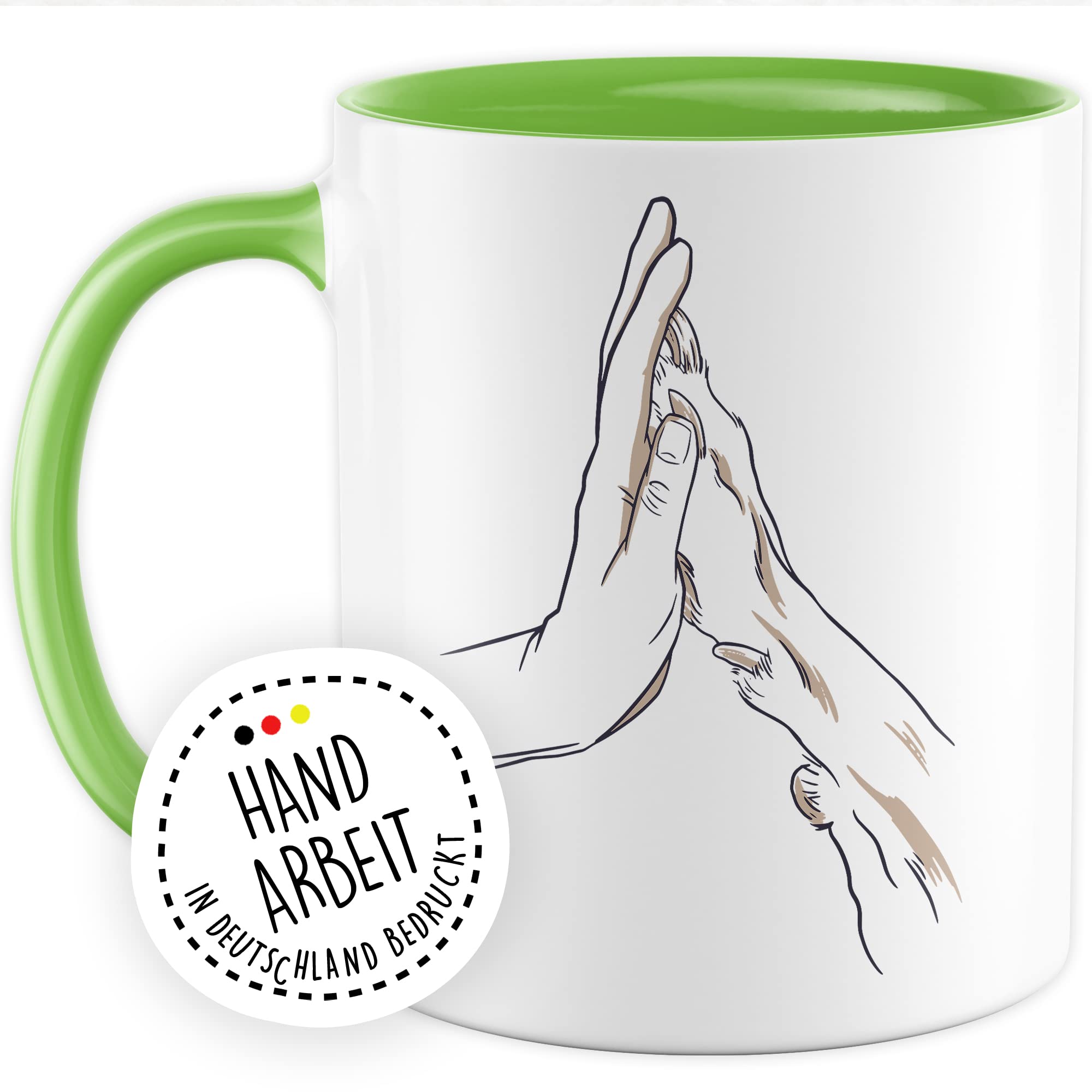 Tasse Hund & Mensch Geschenk Geschenkidee Herrchen Frauchen Hundemama Hundepapa Vierbeiner Comic Kaffeetasse mit Hundemotiv Kaffee-Becher Hund mit Mensch Teetasse Hand und Pfote