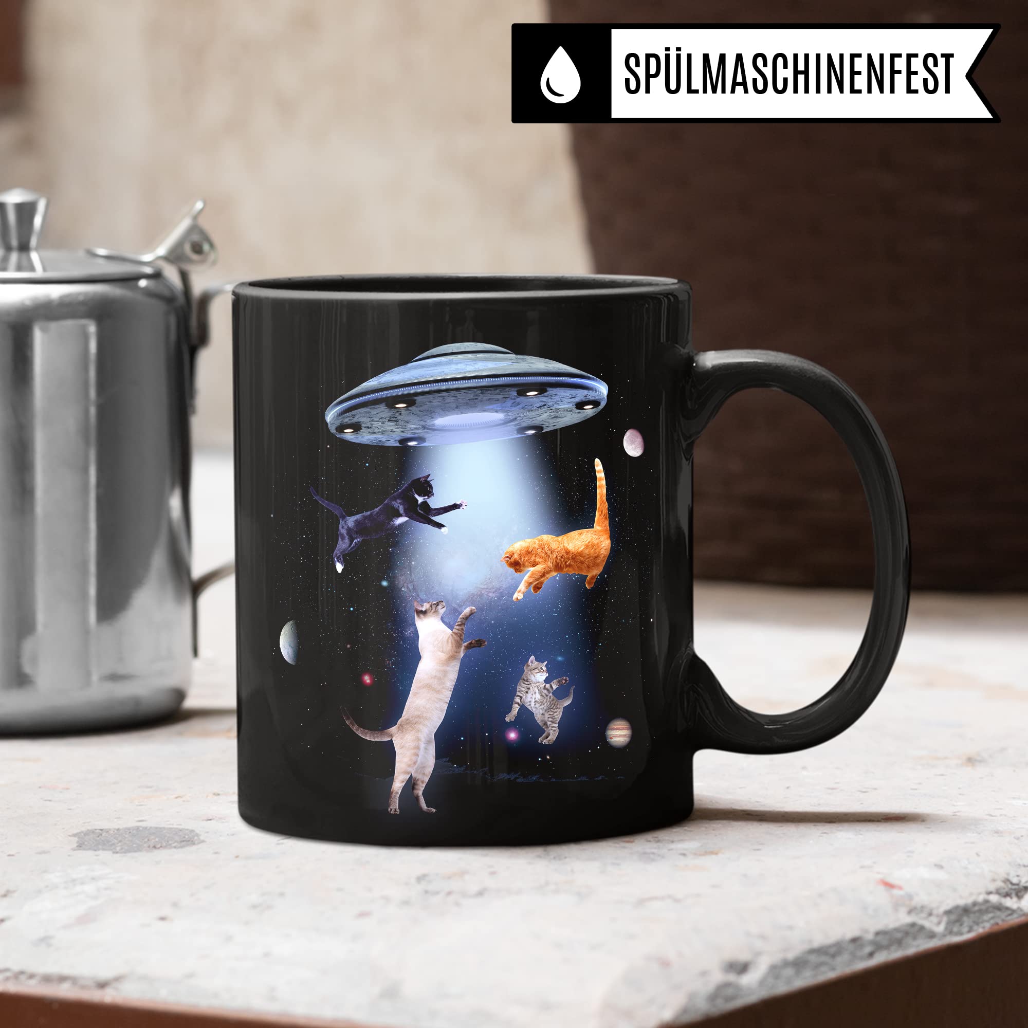 Tasse Katzen-Motiv, Humor Geschenk Katzenliebhaber, Ufo-Katzen-Tasse Motiv, Geschenk Kollegen, lustige Katze Kater Katzenfreund Büro-Tasse Witziges Motiv