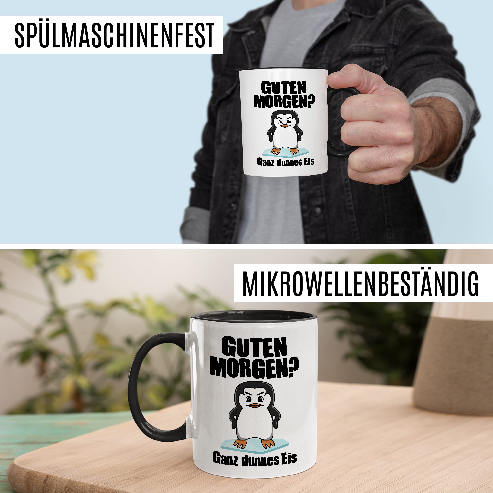 Tasse Morgenmuffel Geschenk, Guten Morgen? Ganz dünnes Eis Geschenkidee Kaffeetasse mit Spruch lustig Kaffee-Becher Bürogeschenk Pinguin-Motiv lustige Tasse Kollegen