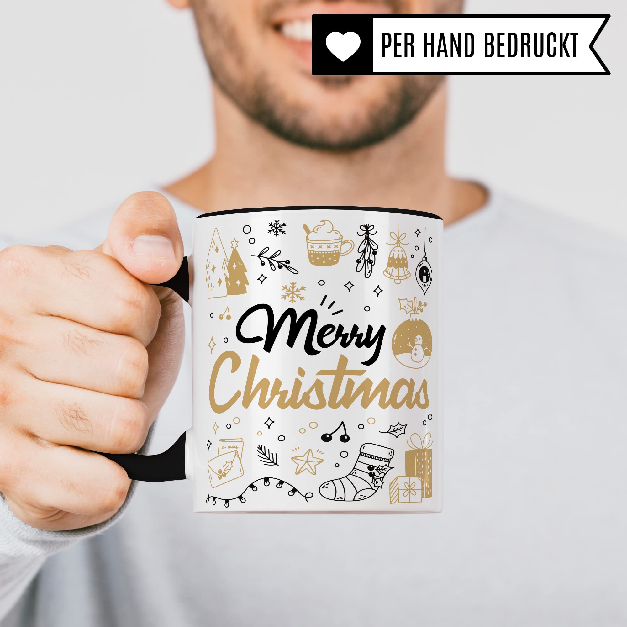 Merry Christmas Tasse Weihnachten Kaffeetasse xmas Geschenk Kollegen Geschenkidee Mama Advent Glühwein-Becher Tee Oma Deko Winter weihnachtlich Rot Gold Amerikanisch