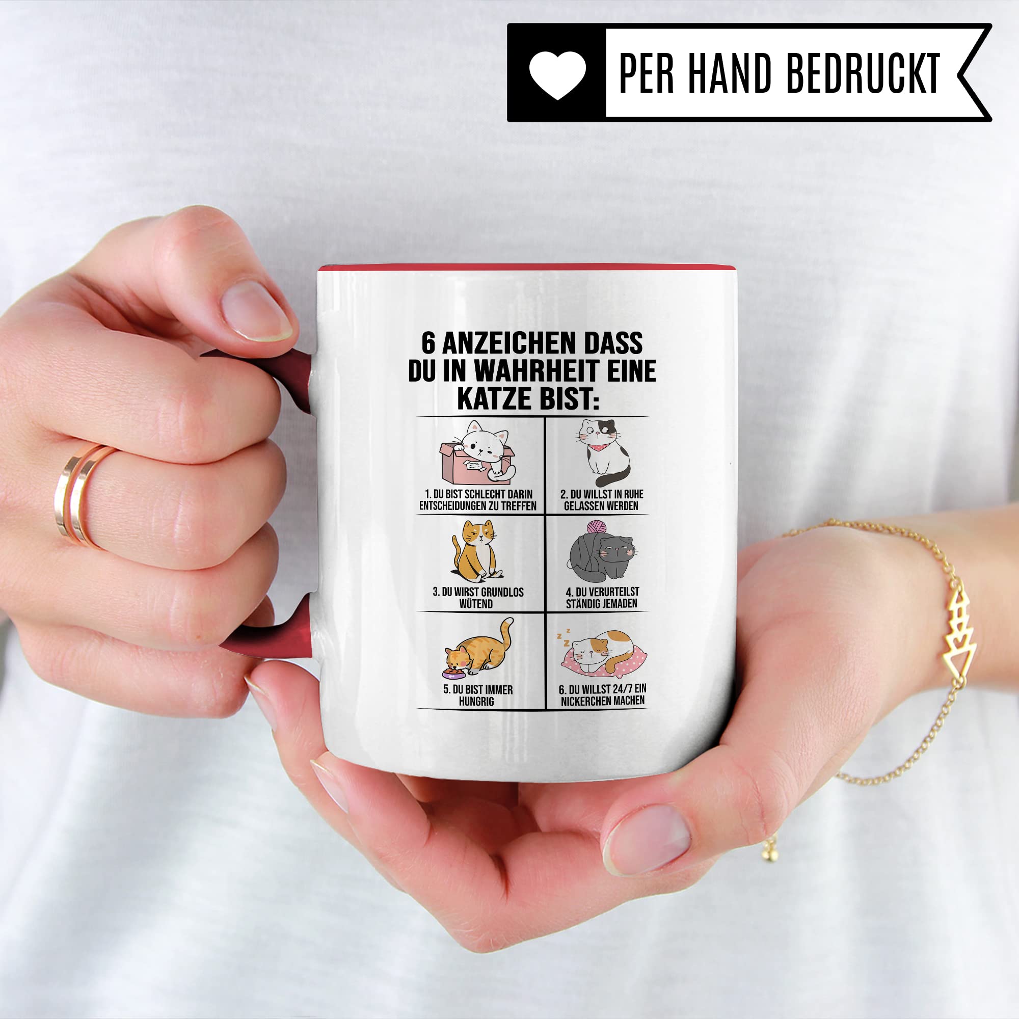 Lustige Tasse Katzen Kaffeetasse Humor Kaffee-Becher mit Spruch Katze Witz 6 Anzeichen dass du eine Katze bist Witz Katzenmama Geschenk Geschenkidee für Katzenliebhaber