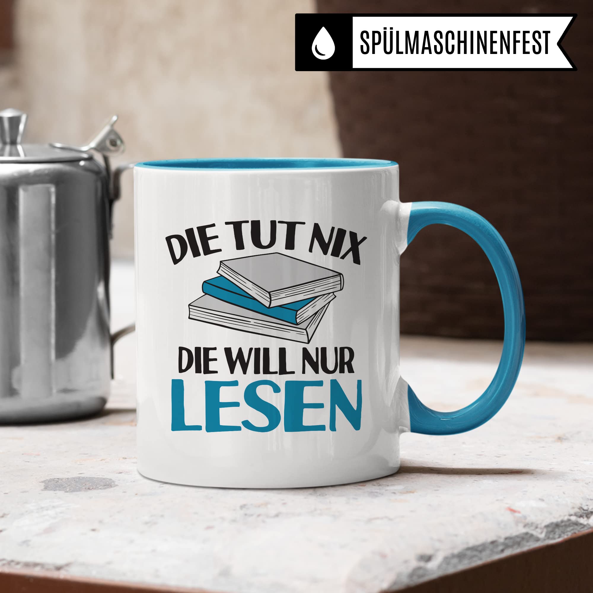 Lesen Tasse lustig Kaffeetasse mit Spruch Bücherwurm Geschenkidee Humor Kaffee-Becher Leseratte Geschenk Die tut nix Die will nur lesen Freundin Kollegin Buch Fan Geschenkartikel lustig Teetasse