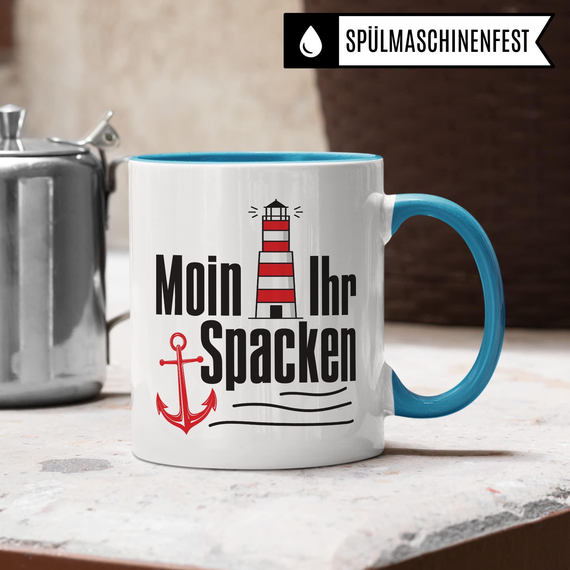 Moin ihr Spacken Tasse Kaffee-Tasse Geschenkidee für Norddeutsche Norddeutschland Meer Nordsee Ostsee Kaffeebecher