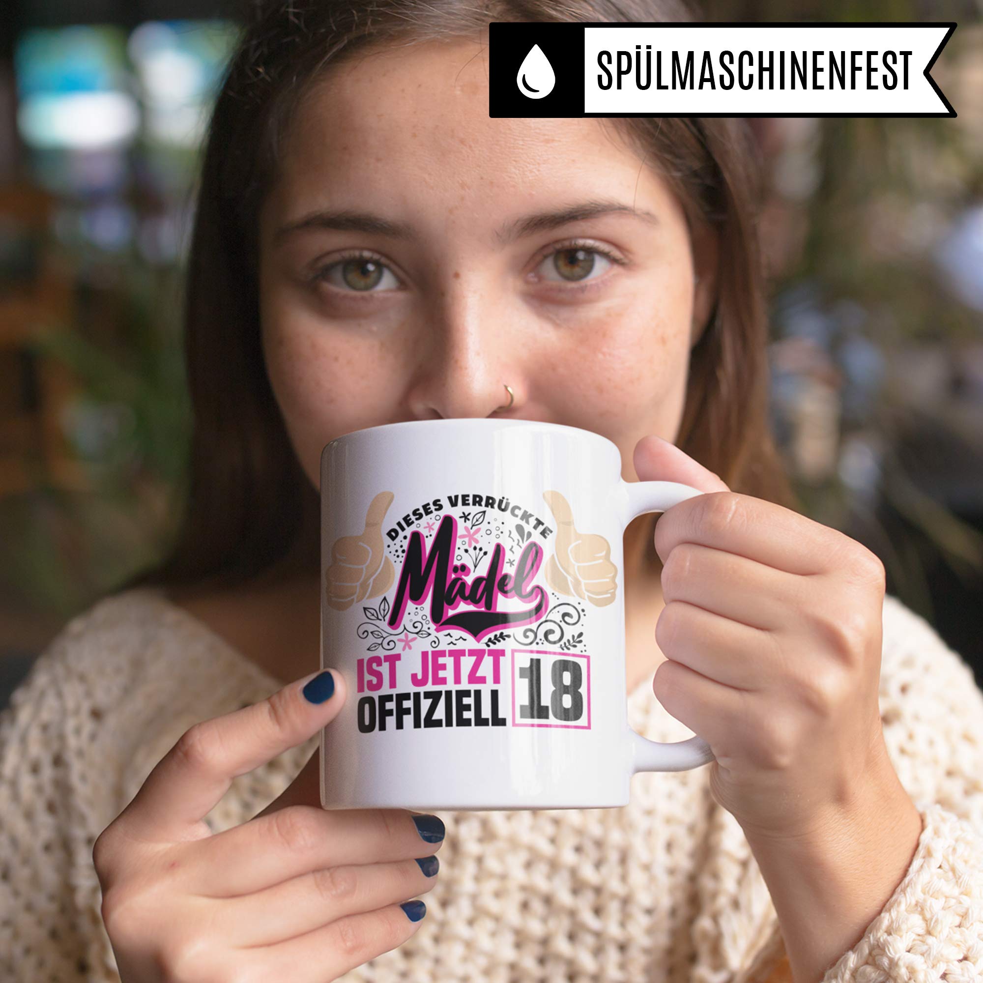 Pagma Druck Mädchen 18 Jahre Geburtstag Tasse, Volljährig Geschenk Becher, 18 Jahre alt Geschenkidee, Kaffeetasse Geburtstagsgeschenk (Weiß/Weiß)