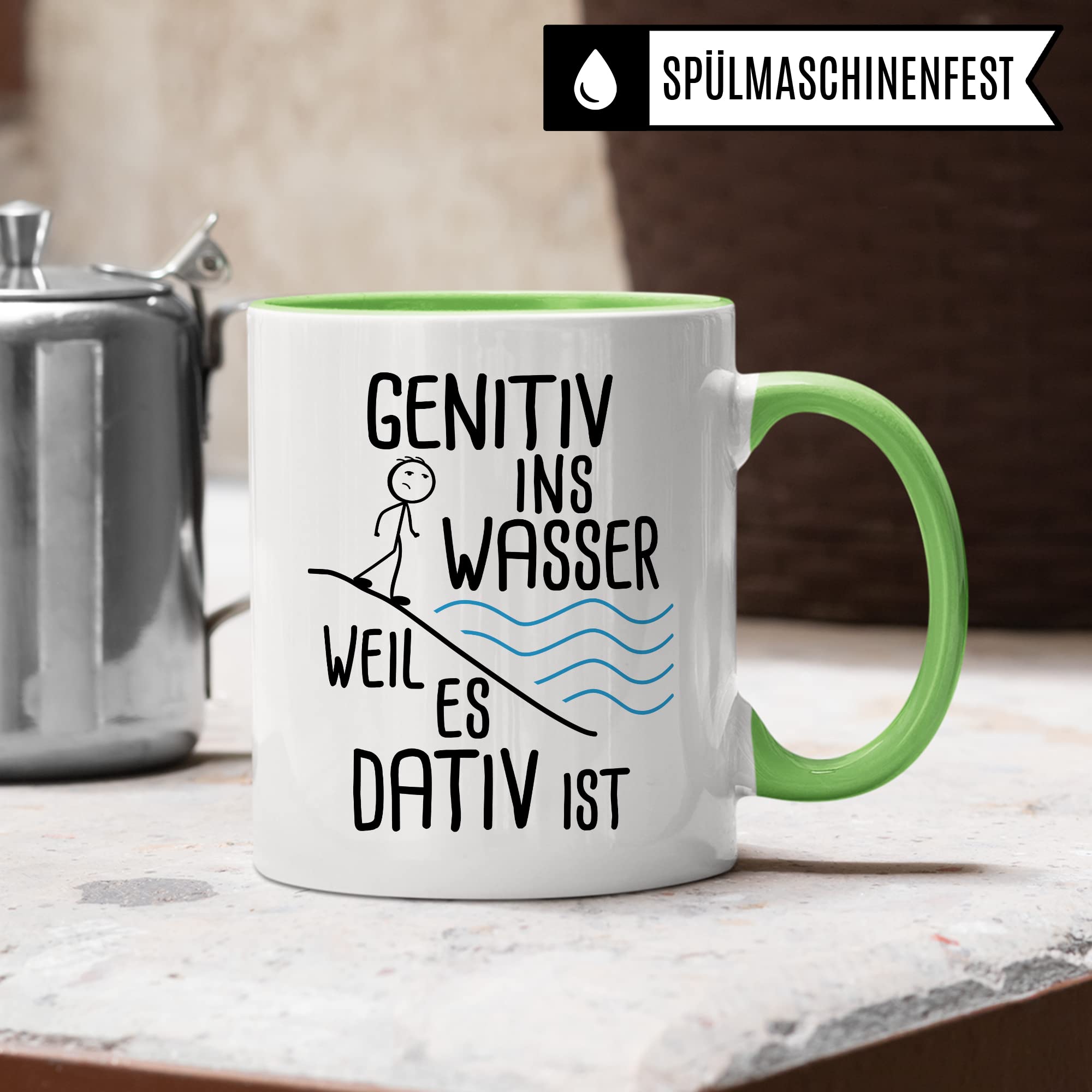 Grammatik Tasse, Genitiv ins Wasser weil es Dativ ist Geschenk Kaffee-Becher Geschenkidee Lehrer Tasse mit Spruch lustig Grammatik Deutsch Dativ Genitiv Kaffeetasse Teetasse Germanist