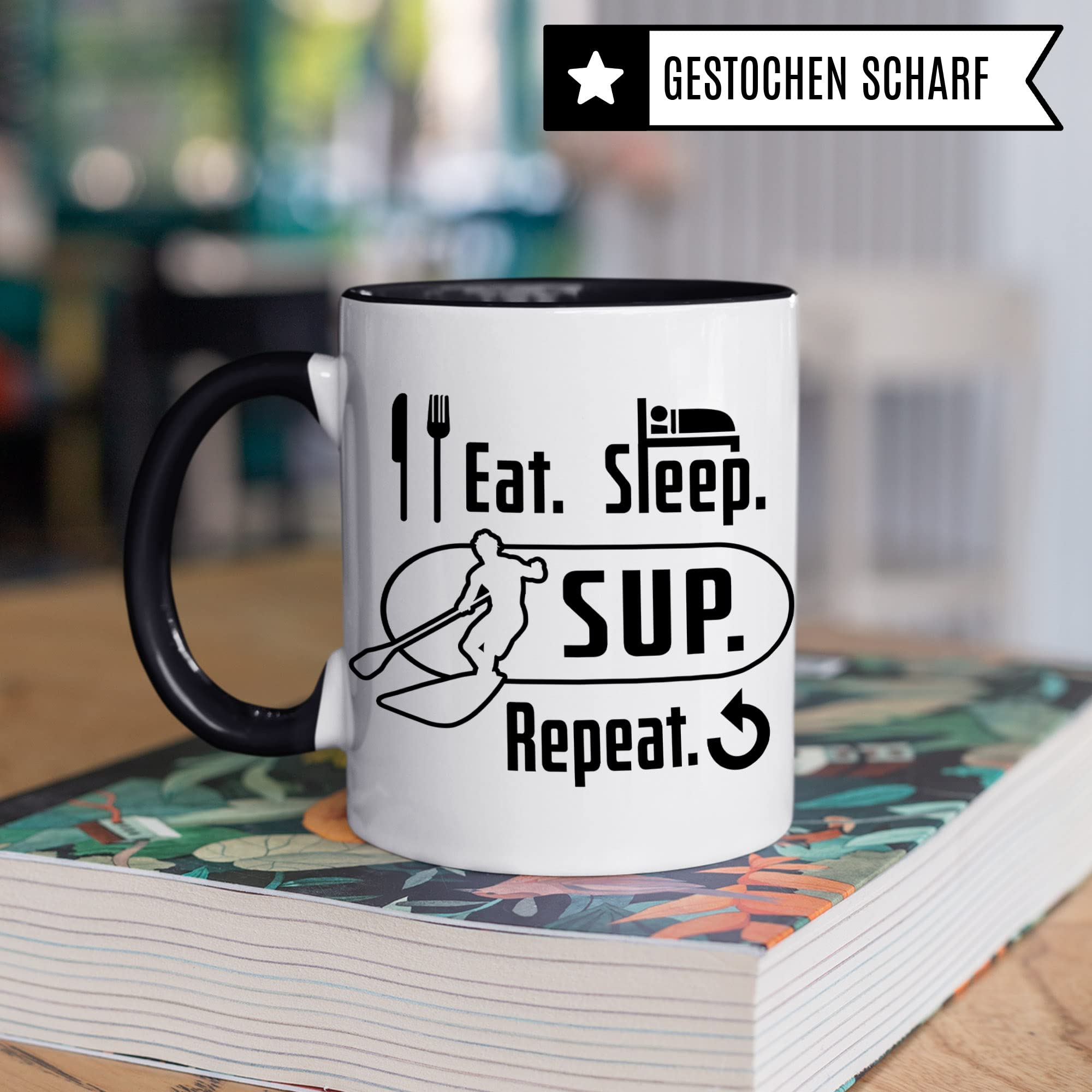 Stand Up Paddling Tasse Geschenkidee, Kaffeebecher für Stand Up Paddling Geschenk, Stand Up Paddle Kaffeetasse, Eat sleep SUP repeat Becher