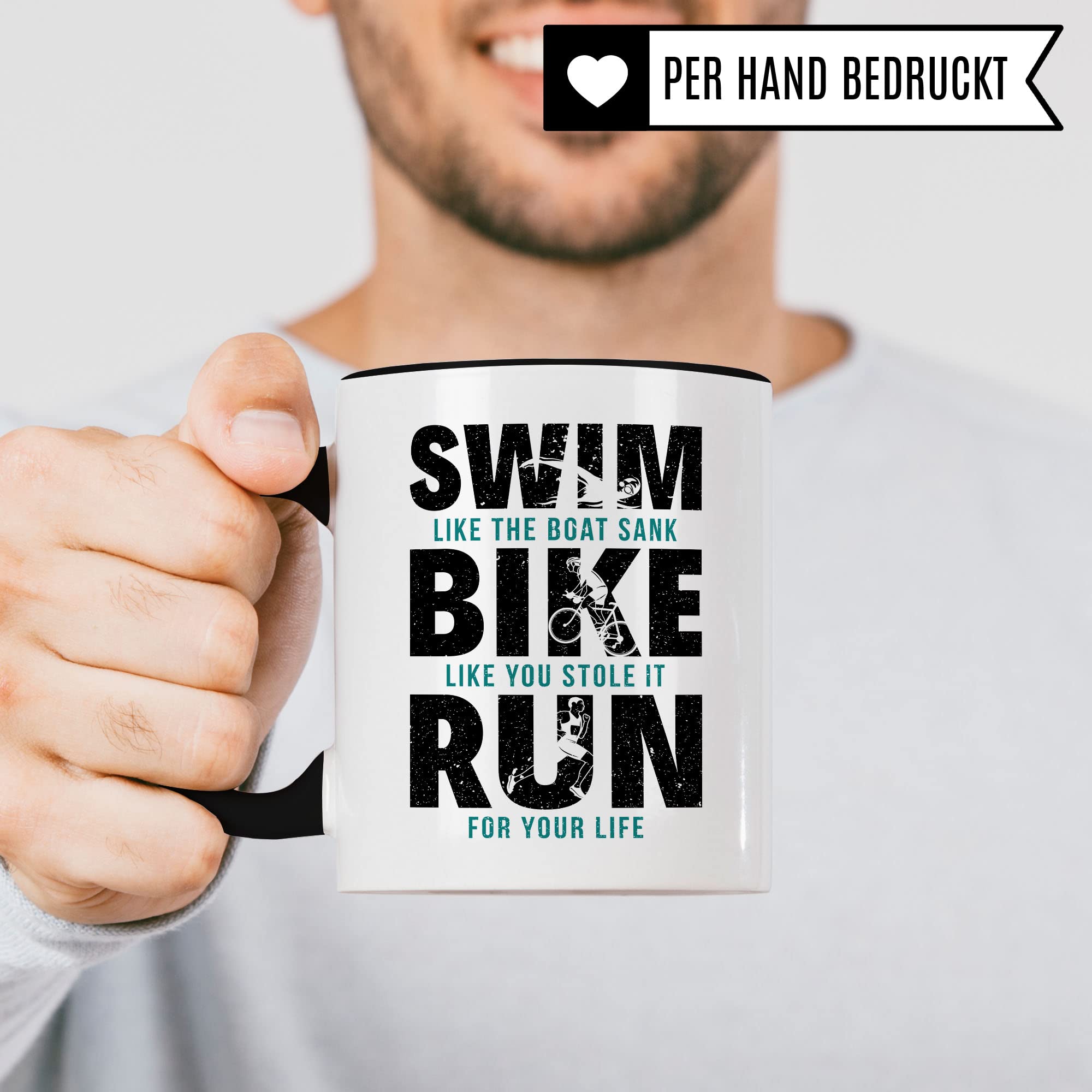 Triathlon Tasse Geschenkidee Swim Bike Run Kaffeetasse Humor Witz Geschenk für Triathleten Kaffeebecher Sportler Becher