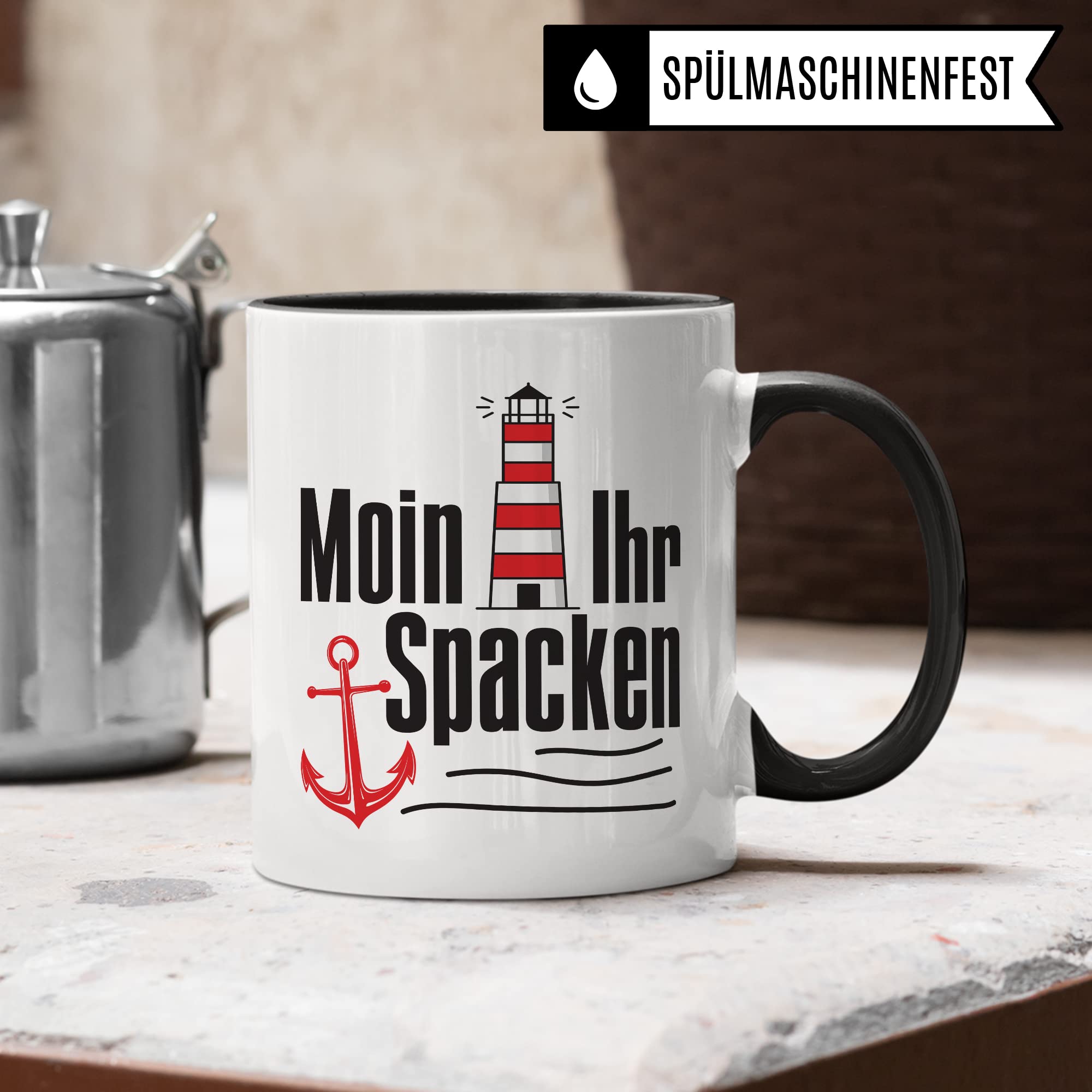 Moin ihr Spacken Tasse Kaffee-Tasse Geschenkidee für Norddeutsche Norddeutschland Meer Nordsee Ostsee Kaffeebecher