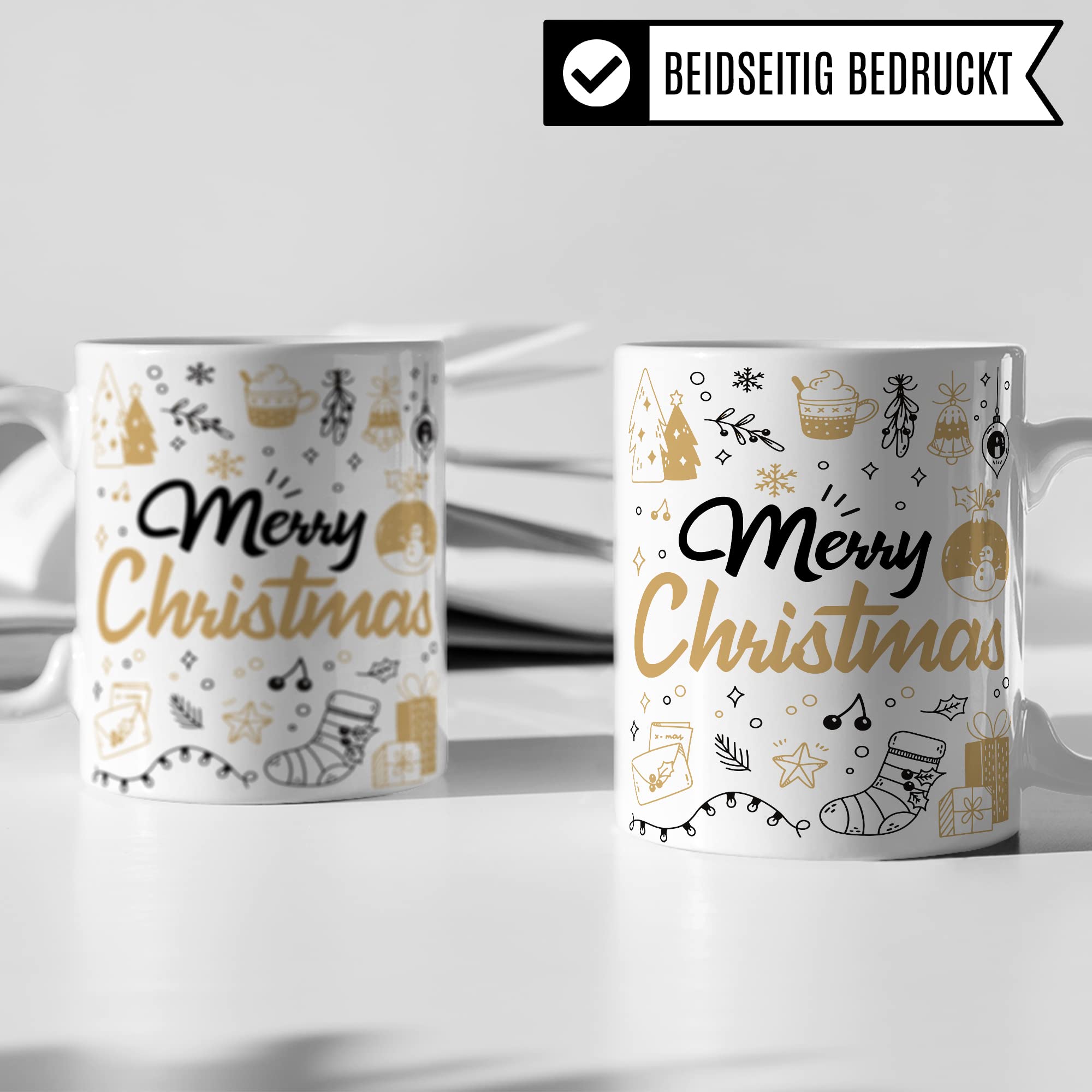 Merry Christmas Tasse Weihnachten Kaffeetasse xmas Geschenk Kollegen Geschenkidee Mama Advent Glühwein-Becher Tee Oma Deko Winter weihnachtlich Rot Gold Amerikanisch