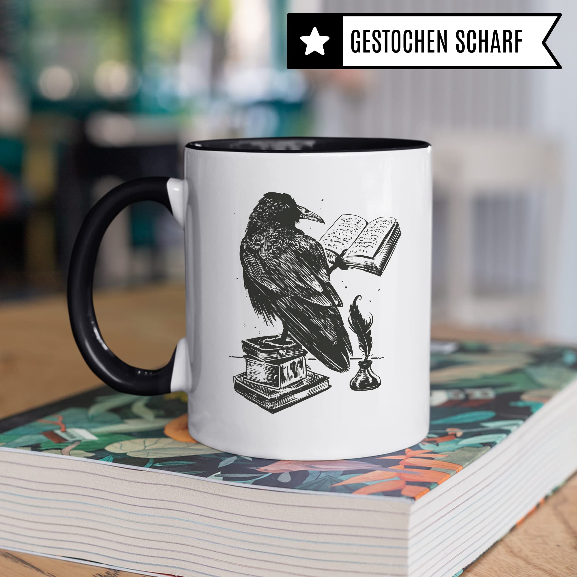 Bücher Tasse Raben Kaffeetasse Geschenk Bücherwurm Lesen Kaffee-Becher Leseratte Teetasse Geschenk Buch Bücherfan Geschenkidee Fantasy