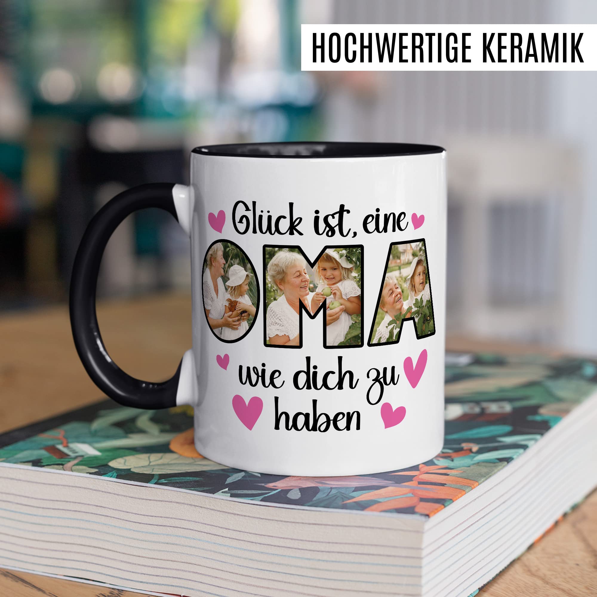 Oma Tasse personalisliert mit Bild, Glück ist eine Oma wie dich zu haben, Geschenk personalisierbar Großmutter Spruch Enkelkinder Geschenkidee Enkel Kaffeetasse