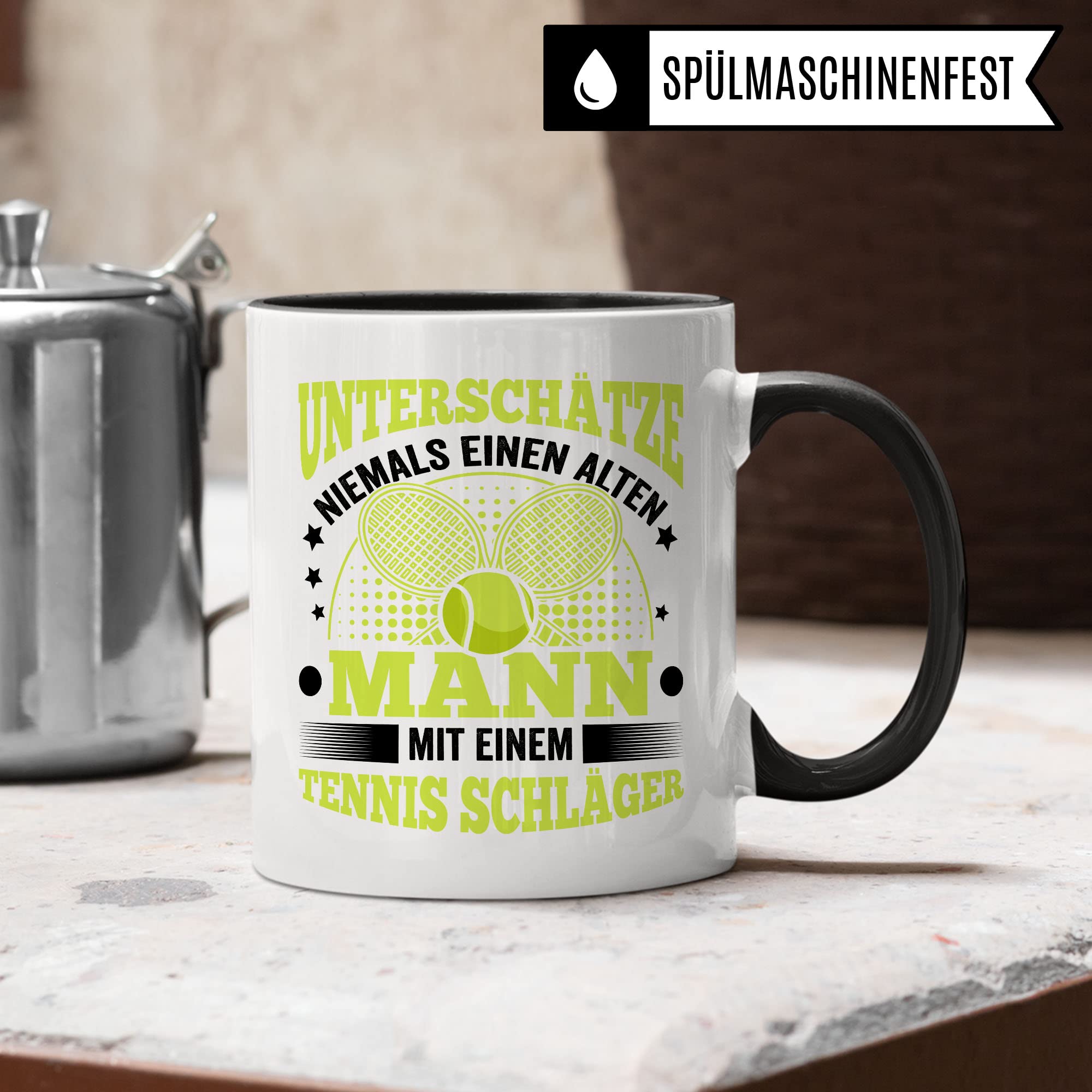 Tennis Tasse Geschenkidee Tennisschläger Kaffeetasse Humor Witz Geschenk für Alten Mann Kaffeebecher Opa Becher