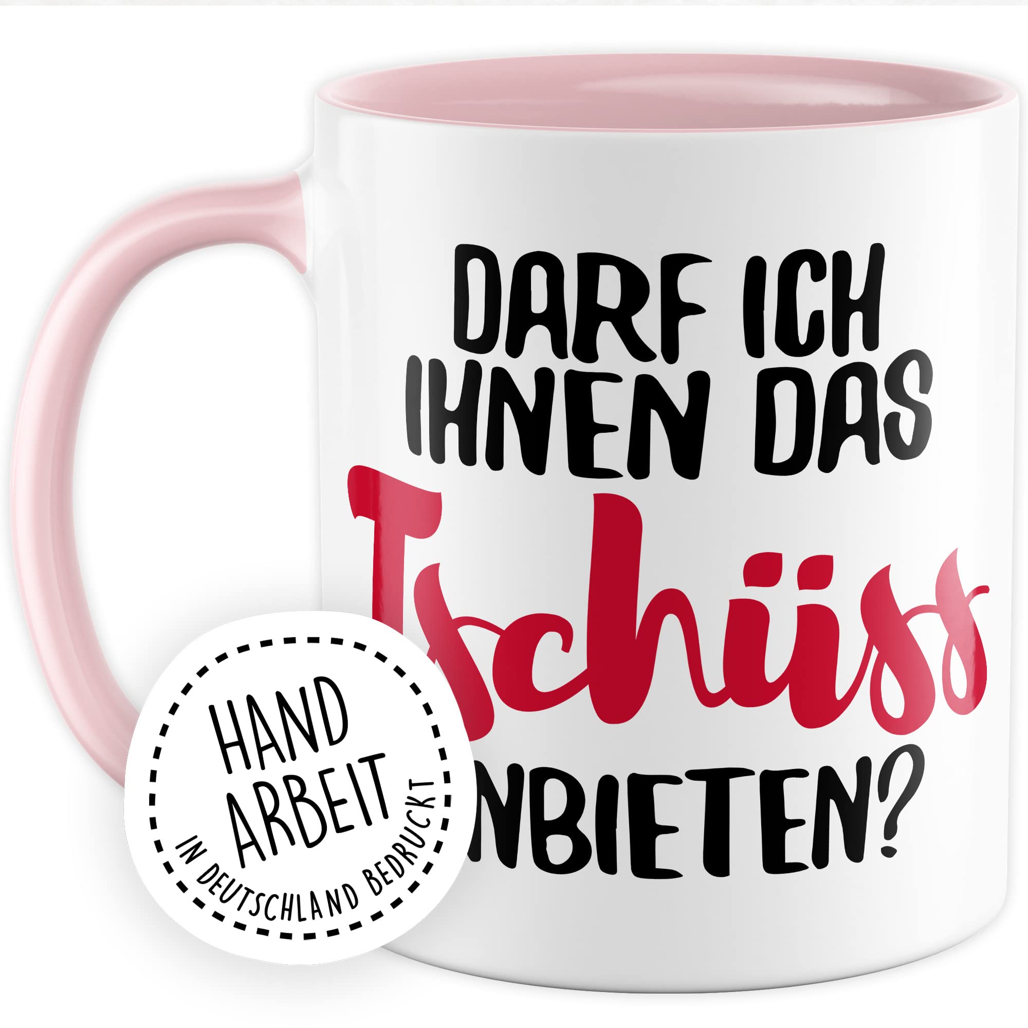 Tasse mit Spruch Büro lustig Kaffeetasse Arbeit Kaffee-Becher mit Witz Arbeitsplatz Job Geschenkidee Humor Geschenk Kollegin Chef Kollege Darf ich ihnen das tschüss anbieten Sarkasmus