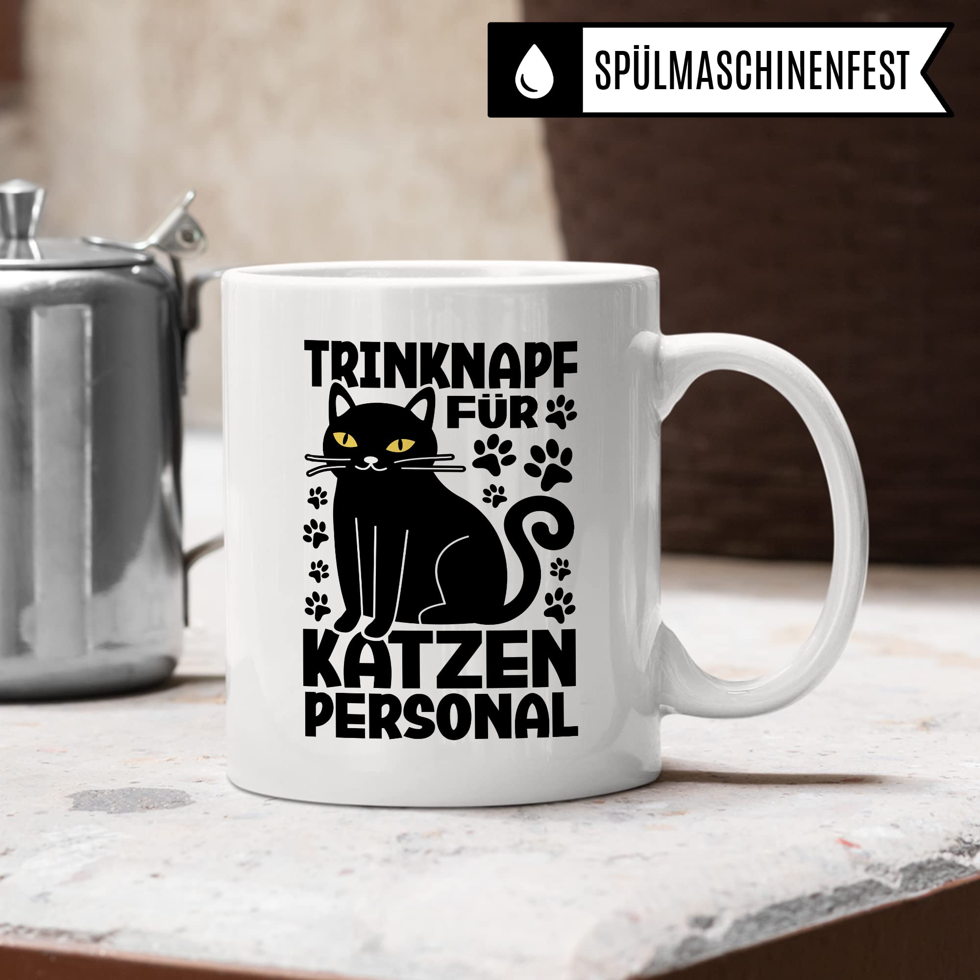 Katzen Tasse Kaffeetasse Humor Kaffee-Becher mit Spruch Katze Witz Katzenmama Trinknapf für Katzenpersonal Trinknapf Geschenk Geschenkidee für Katzenliebhaber Katzentasse Tasse fürs Büro