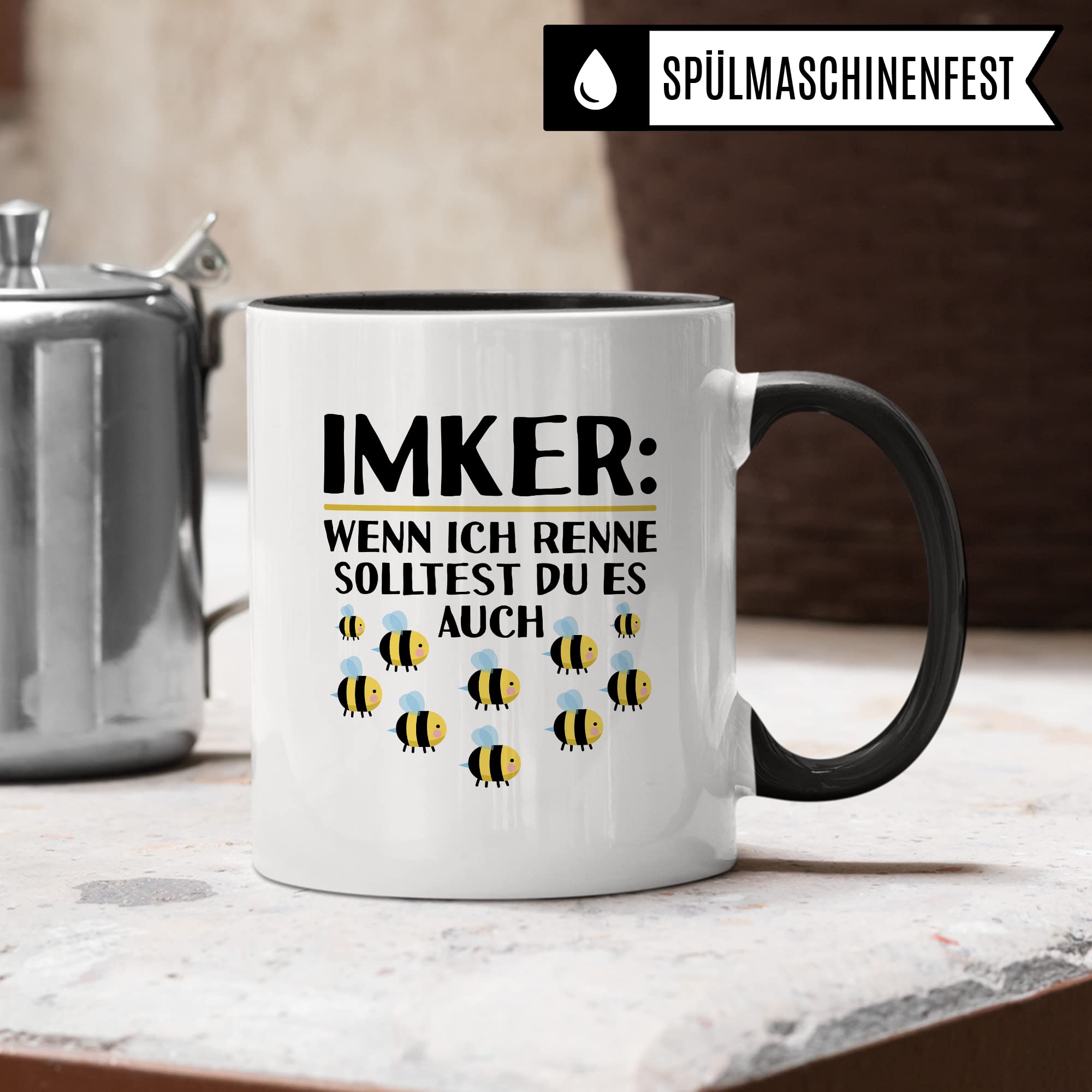 Tasse Imker Geschenk, Wenn ich renne solltest du es auch Geschenkidee Bienenzüchter Kaffee-Becher Tasse mit Spruch lustig Kaffeetasse Bienenvater Witztasse Humor Teetasse