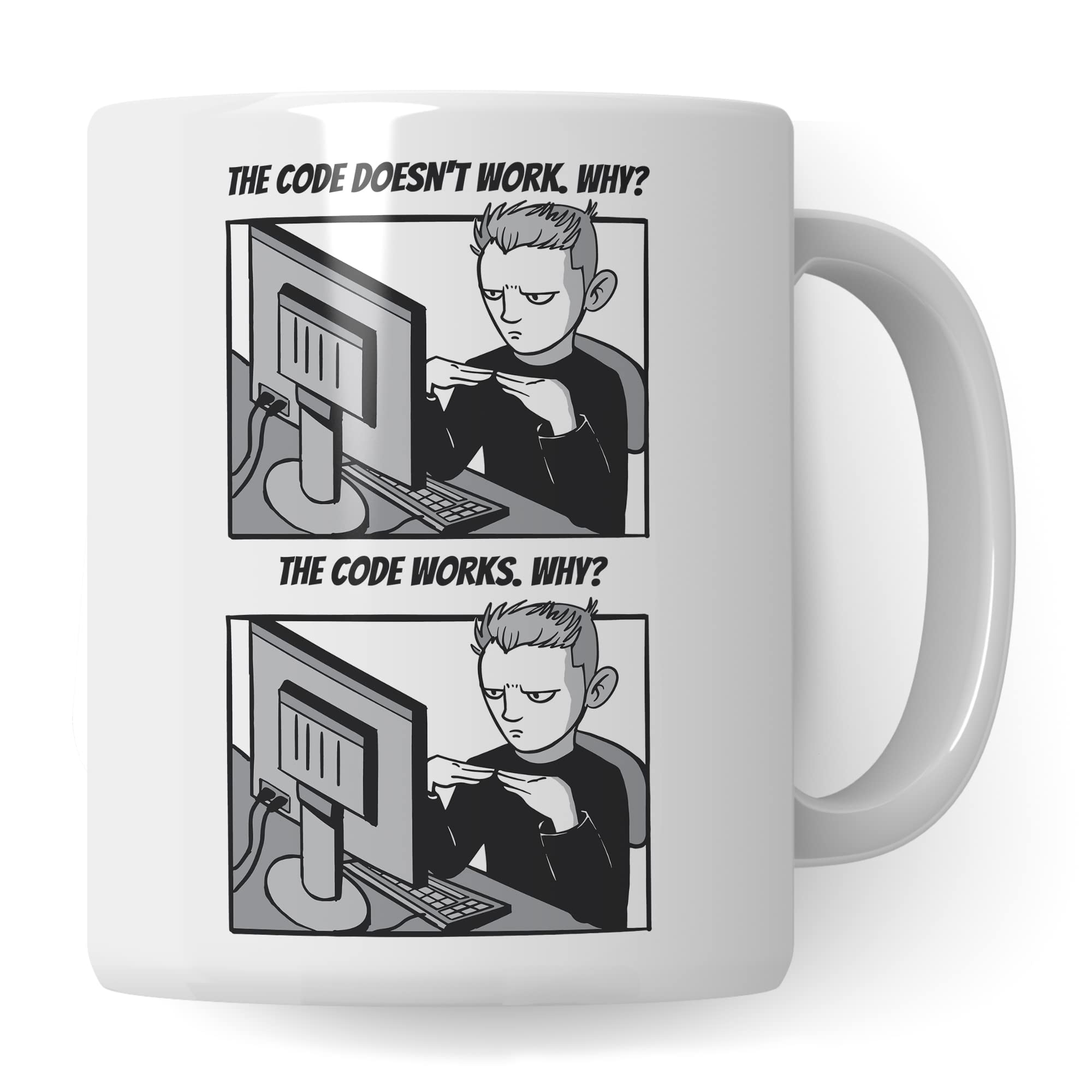 Informatik Geschenk Tasse, The Code doesn´t work - Why? Geschenkidee für Programmierer Kaffee-Becher Informatiker Programmieren Teetasse mit Spruch lustig