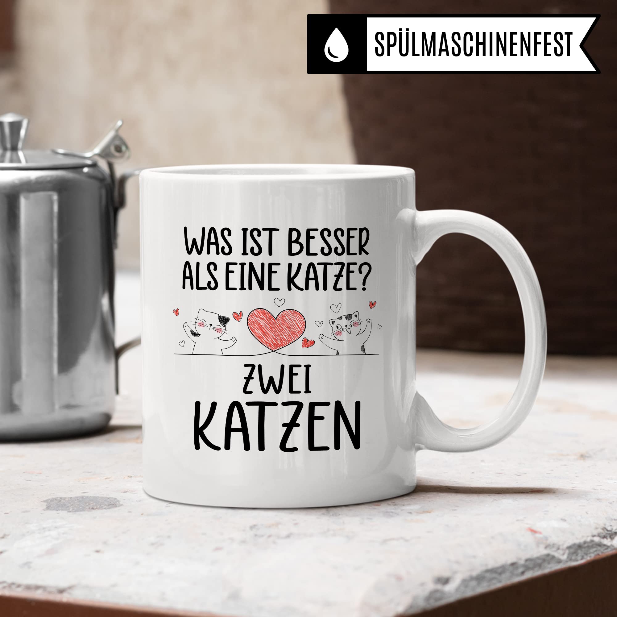 Katzen Tasse Kaffeetasse Humor Kaffee-Becher mit Spruch Katze Witz Katzenmama Geschenk Geschenkidee für Katzenliebhaber Kaffee und Katzen Kaffeeliebhaber Tasse fürs Büro Zwei Katzen