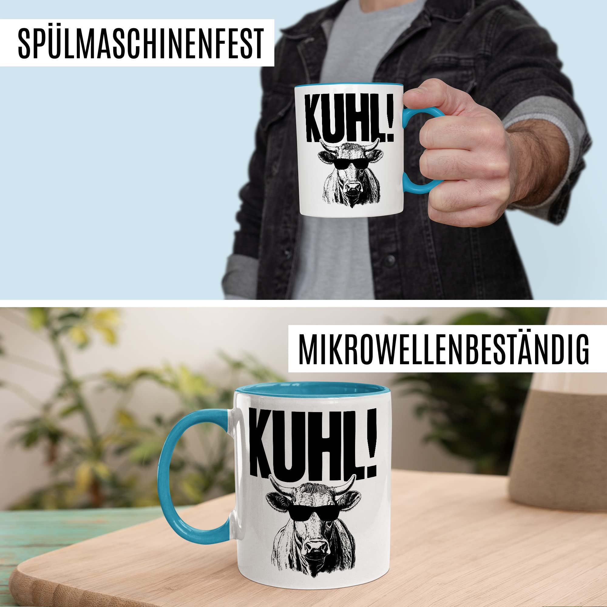 KUHL Tasse mit Spruch witzige Kaffeetasse mit Kuh Motiv Humor Geschenk Geschenkidee Kollegen Büro Kaffee-Becher lustig Freundin Kühe Sonnen Brille Cool Wortwitz Schreibfehler