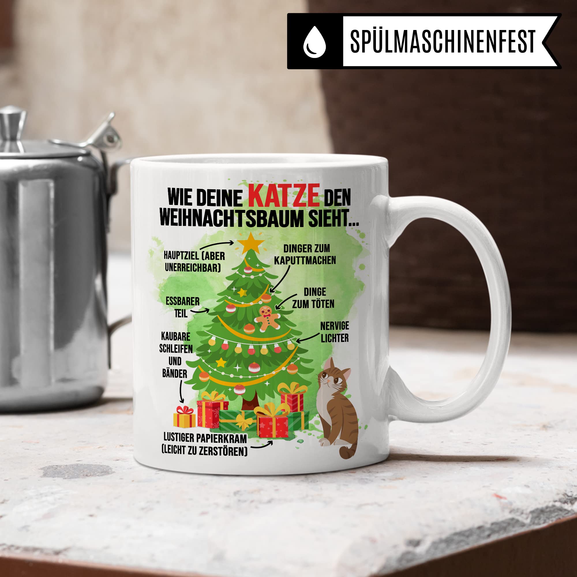 Katzen Tasse Weihnachten Kaffeetasse lustig Weihnachtsbaum Kaffee-Becher Katzenliebhaber Geschenkidee Vierbeiner Katzenhalter Geschenk Tasse mit Spruch Humor Sarkasmus Glühweintasse