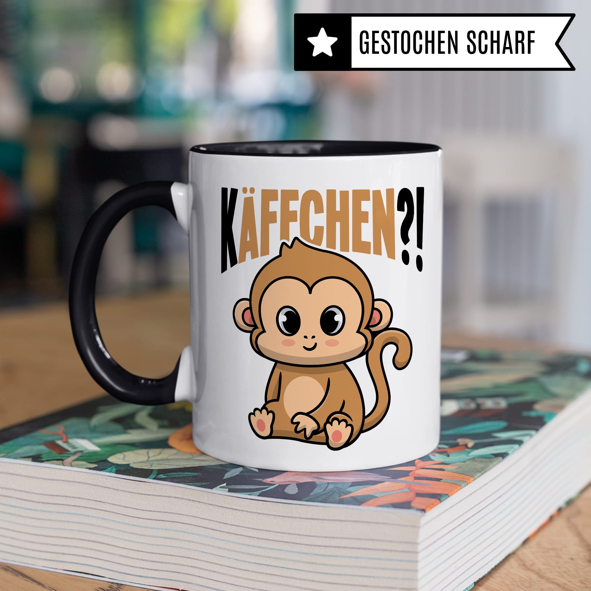 Käffchen Tasse Geschenk Kaffeetasse mit Spruch lustig Kaffee-Becher mit Affen-Motiv Teetasse Geschenkidee Kaffee-Liebhaber Kaffeetrinker und Kaffee-Fans Kaffee-Verehrer