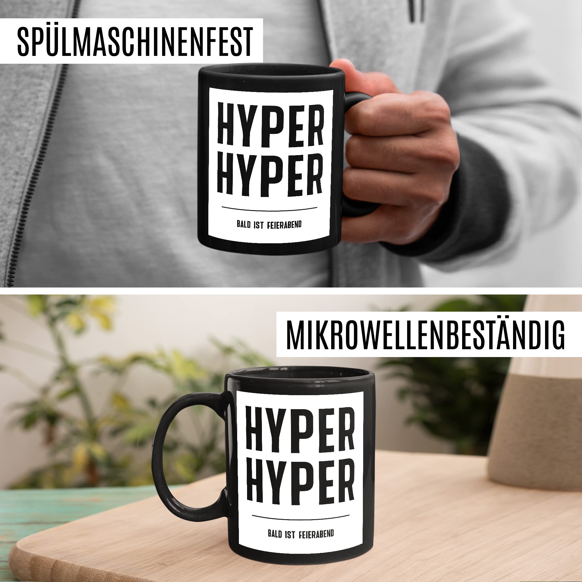 HYPER HYPER Tasse mit Spruch bald ist Feierabend Kaffeetasse lustig 90er Rave Kaffee-Becher Arbeit lustig Geschenkidee Kollegen Humor Scooter Büro Tasse Witz Geschenk Kollegin Kollege