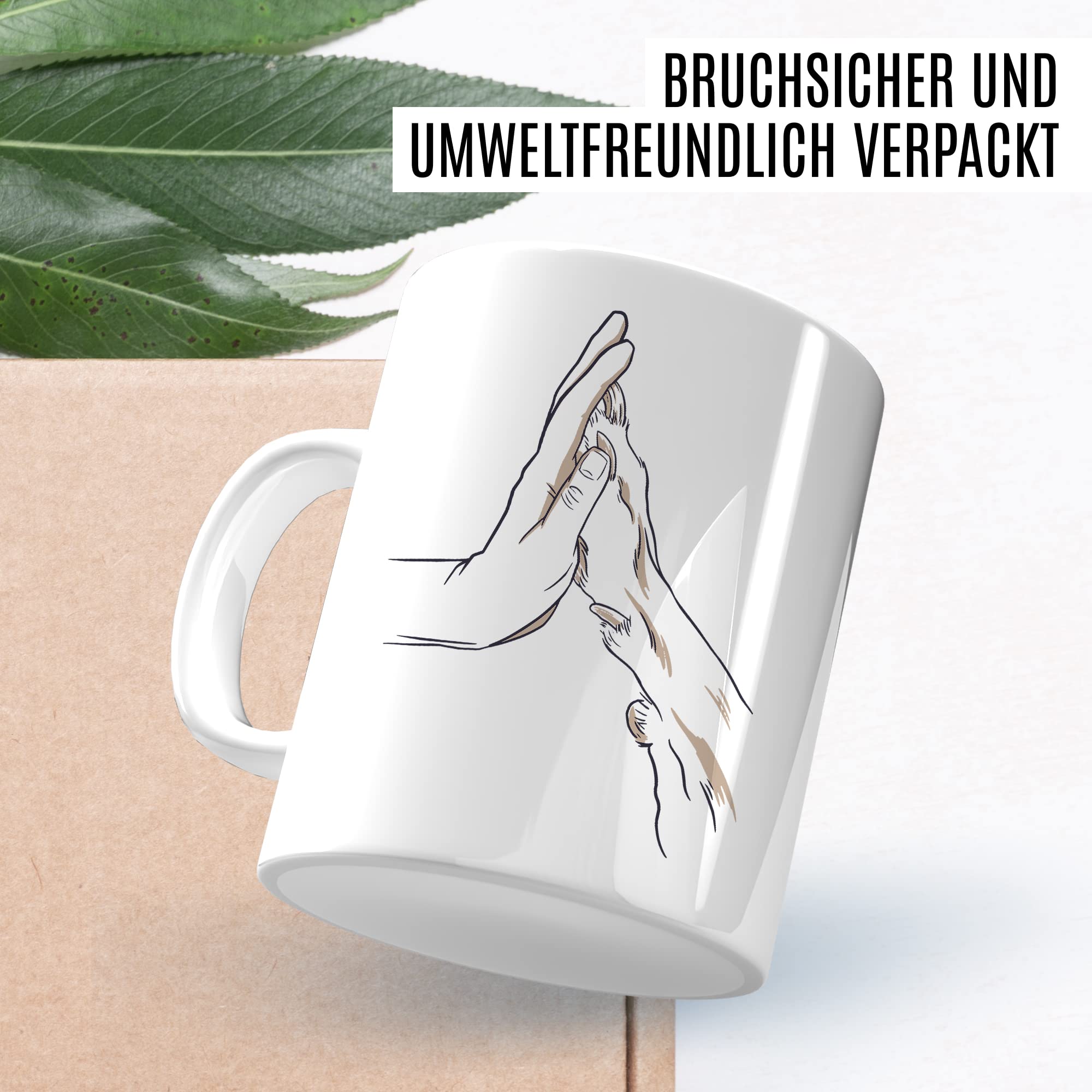 Tasse Hund & Mensch Geschenk Geschenkidee Herrchen Frauchen Hundemama Hundepapa Vierbeiner Comic Kaffeetasse mit Hundemotiv Kaffee-Becher Hund mit Mensch Teetasse Hand und Pfote