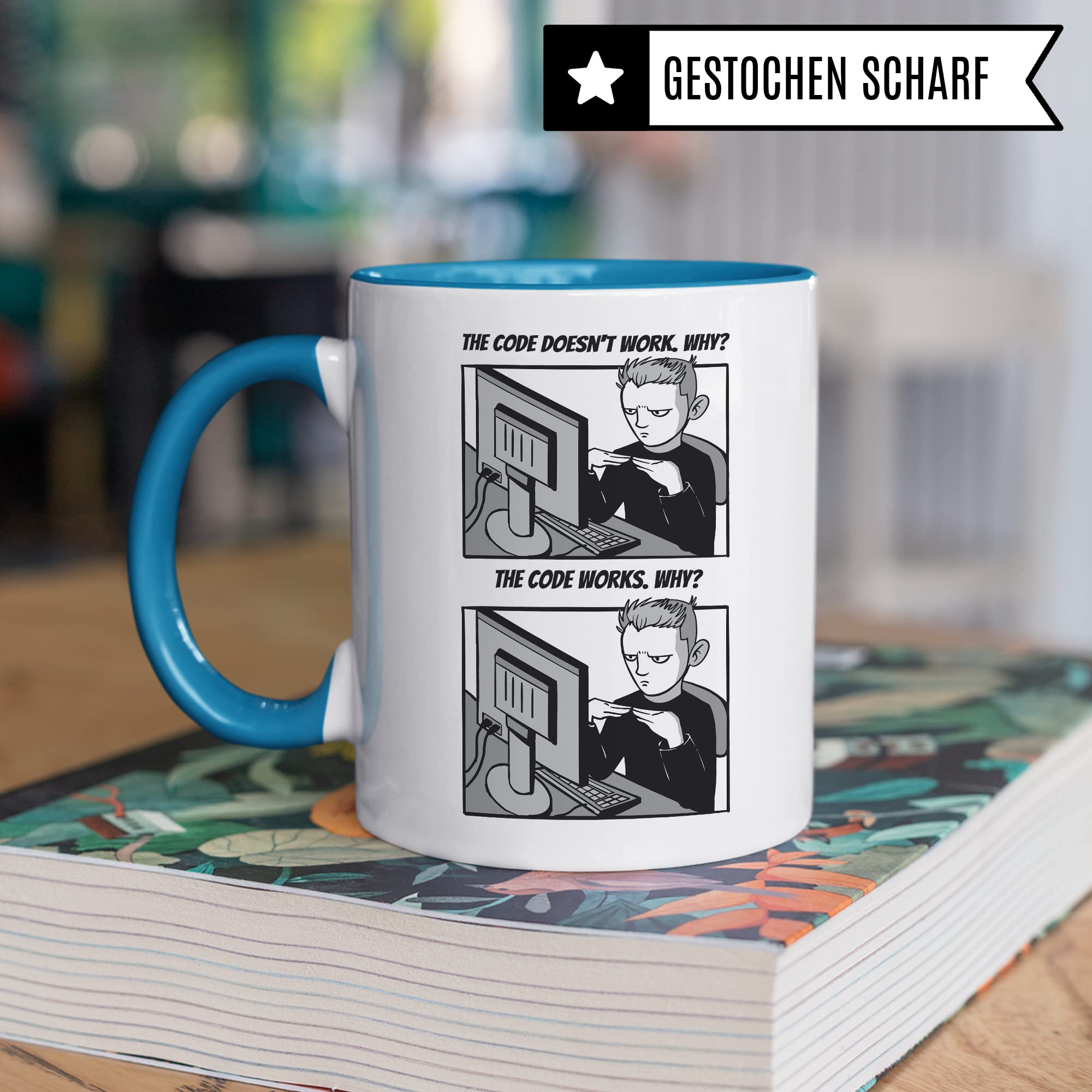 Informatik Geschenk Tasse, The Code doesn´t work - Why? Geschenkidee für Programmierer Kaffee-Becher Informatiker Programmieren Teetasse mit Spruch lustig