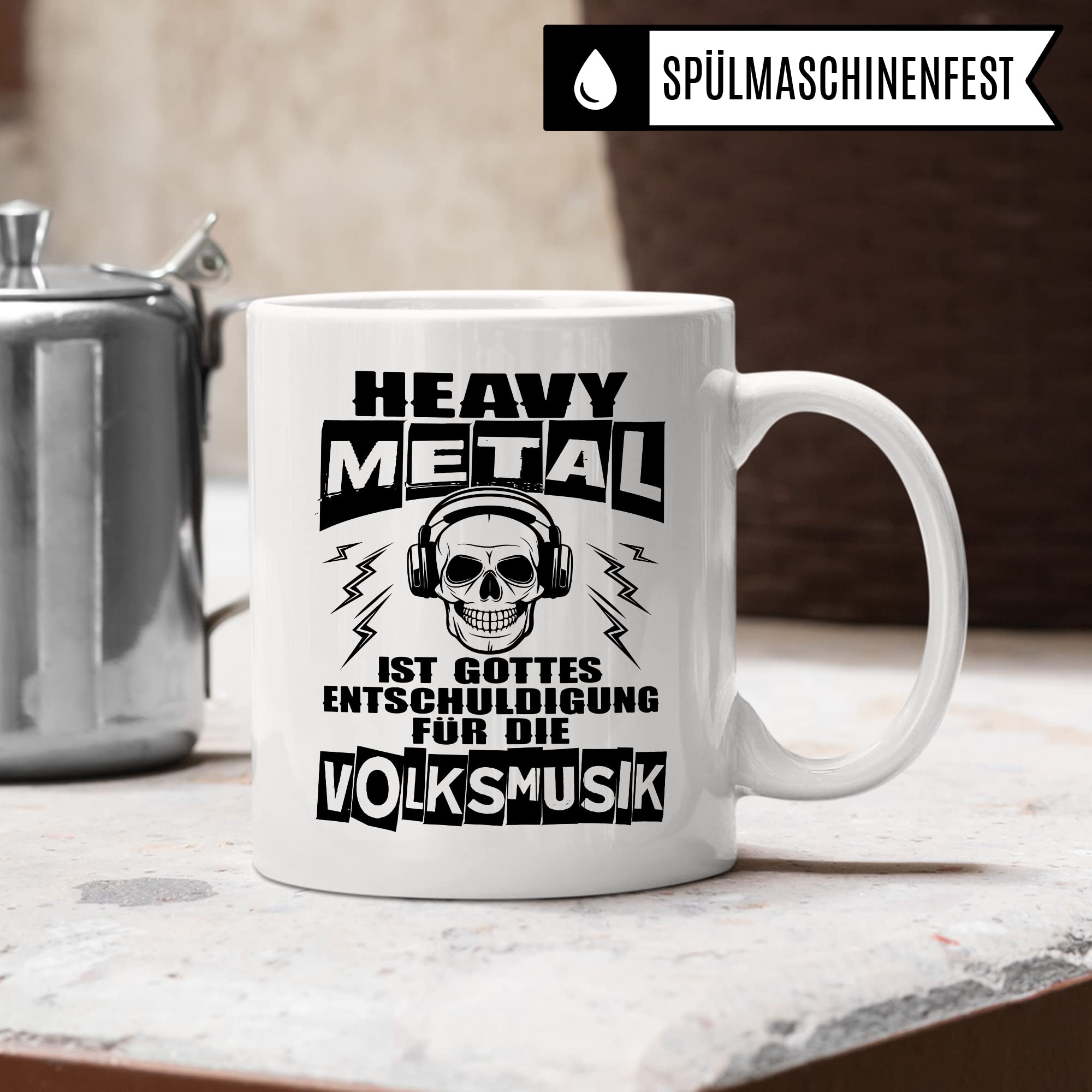 Heavy Metal Tasse Rocker Kaffeetasse Metal Fan Geschenkidee Kaffee-Becher Metalic Geschenk Spruch lustig Humor Teetasse Witz Heavy Metal ist Gottes Entschuldigung für die Volksmusik