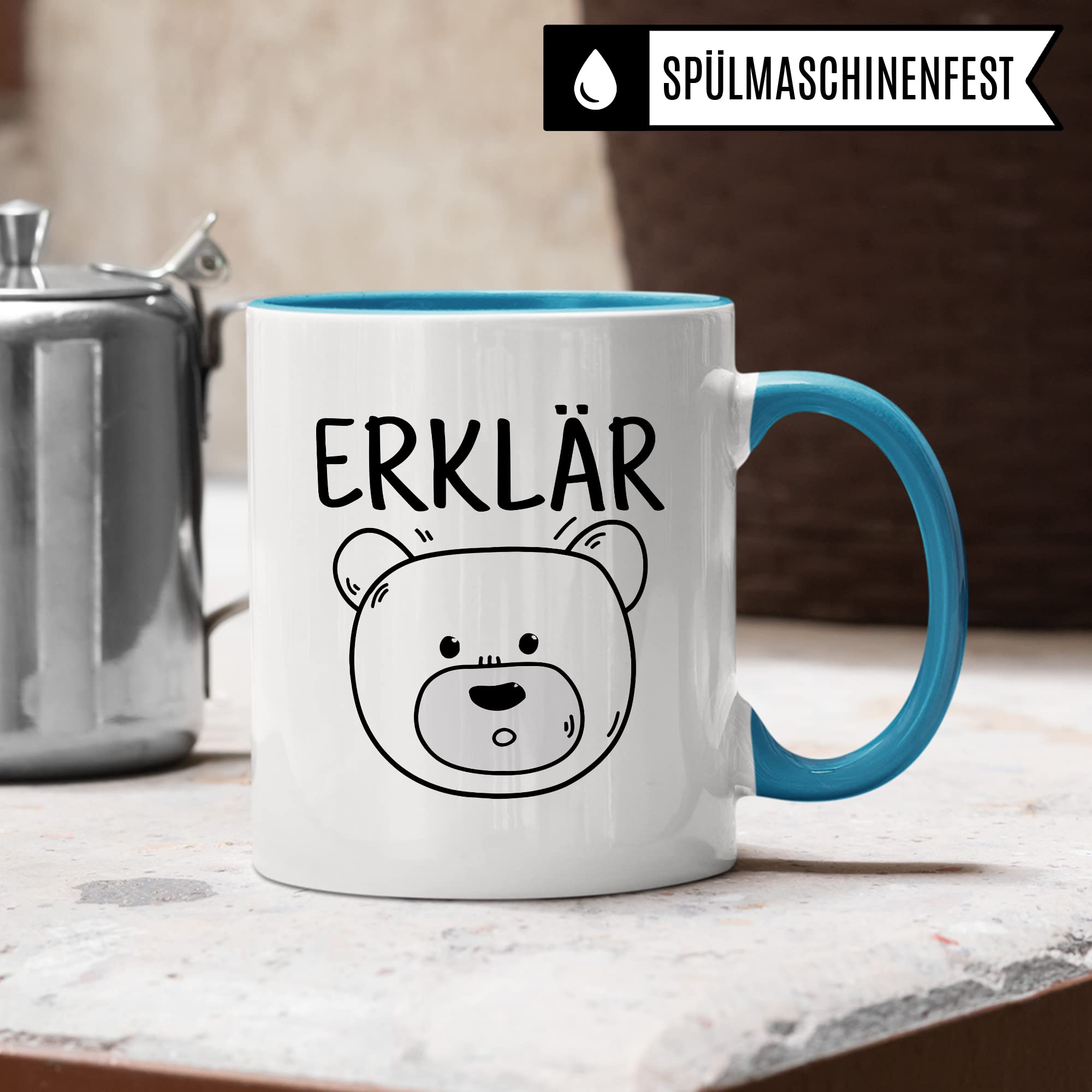 Tasse Erklärbär Geschenk Tasse mit Wortspiel Geschenkidee Kaffeetasse Tasse mit Spruch lustig Bären-Motiv Kaffee-Becher Teetasse Witztasse Humor Witz Deutschlehrer Germanistik