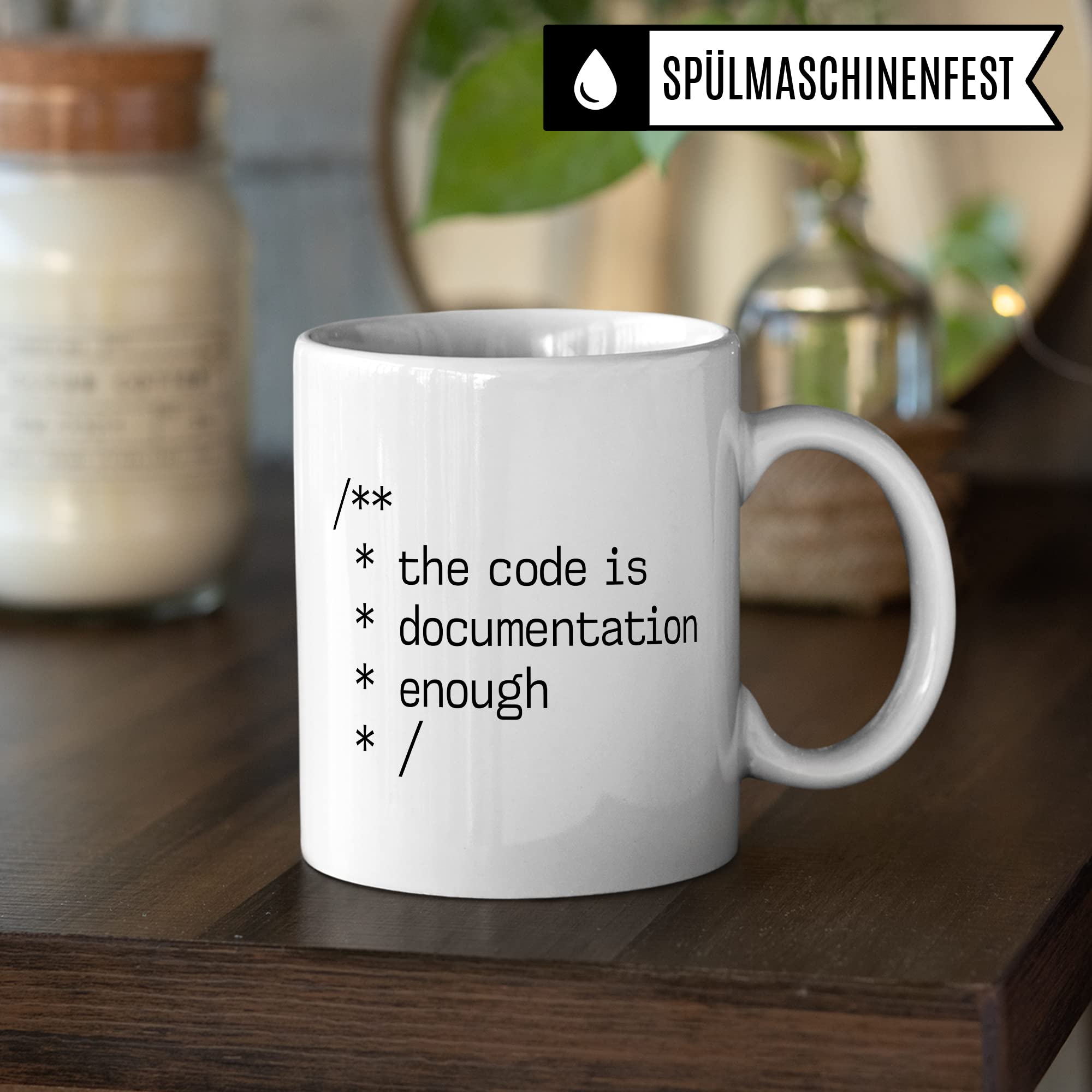 Informatik Geschenk Tasse, The Code is Documentation enough Geschenkidee für Informatiker Kaffee-Becher Informatikerin Programmierer Kaffeetasse mit Spruch lustig Code