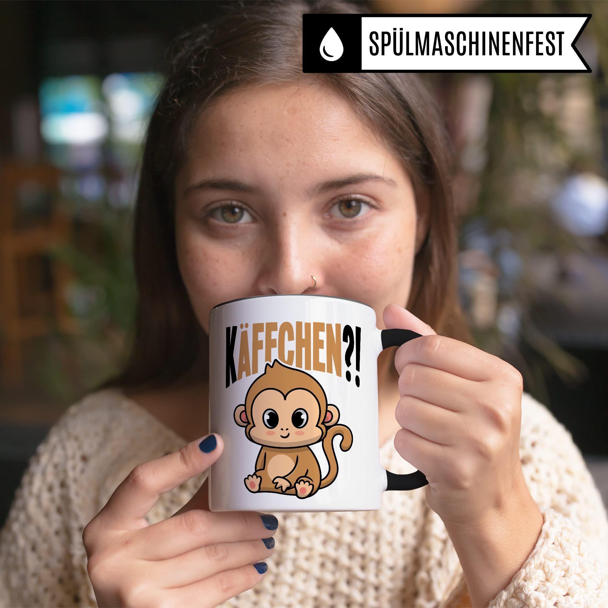 Käffchen Tasse Geschenk Kaffeetasse mit Spruch lustig Kaffee-Becher mit Affen-Motiv Teetasse Geschenkidee Kaffee-Liebhaber Kaffeetrinker und Kaffee-Fans Kaffee-Verehrer