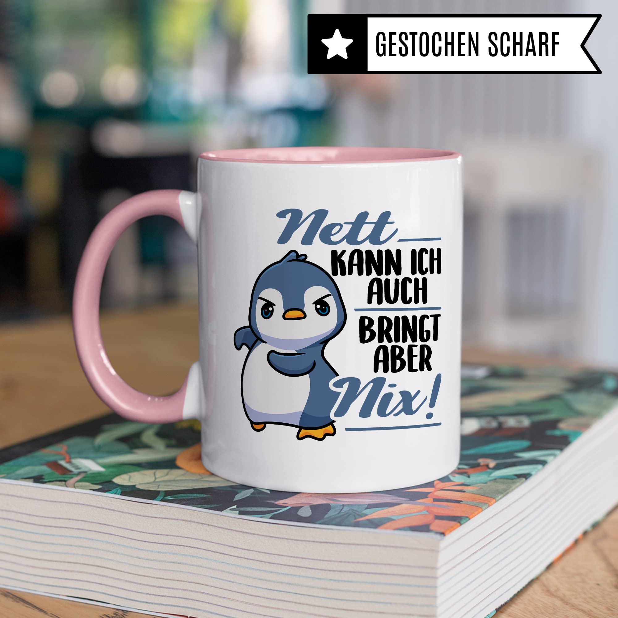 Tasse Spruch, Nett kann ich auch - bringt aber nix Kaffeetasse mit Spruch lustig Kaffee-Becher Pinguin-Motiv böser Humor Geschenk Geschenkidee Teetasse
