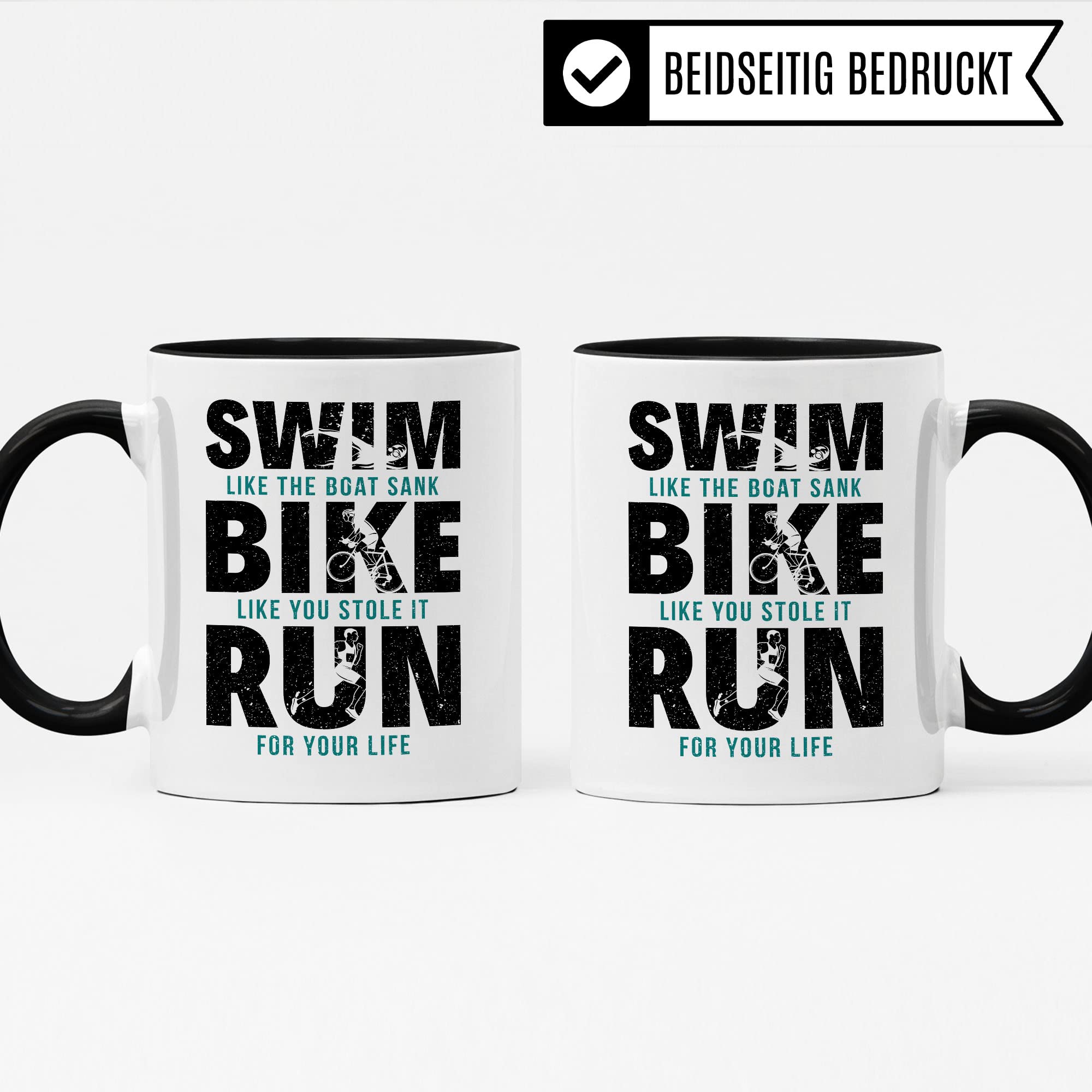 Triathlon Tasse Geschenkidee Swim Bike Run Kaffeetasse Humor Witz Geschenk für Triathleten Kaffeebecher Sportler Becher