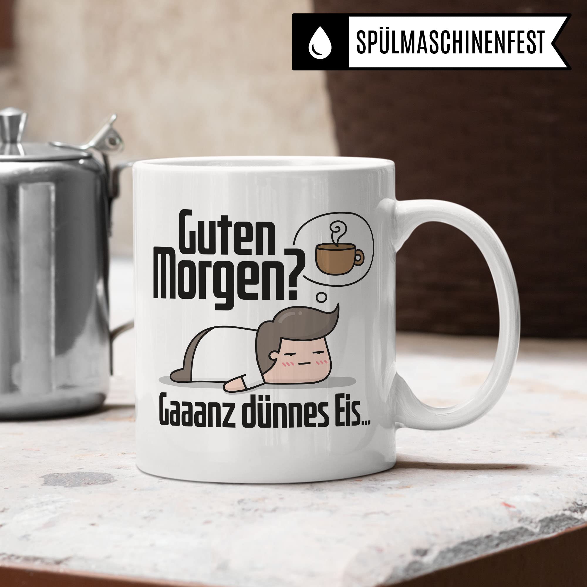 Tasse sarkastischer Spruch, Guten Morgen? Gaaanz dünnes Eis… lustige Geschenkidee Kaffeetasse mit Spruch fürs Büro, Geschenk Kollegen Freund Freundin Müde Morgenmuffel Kaffee-Becher