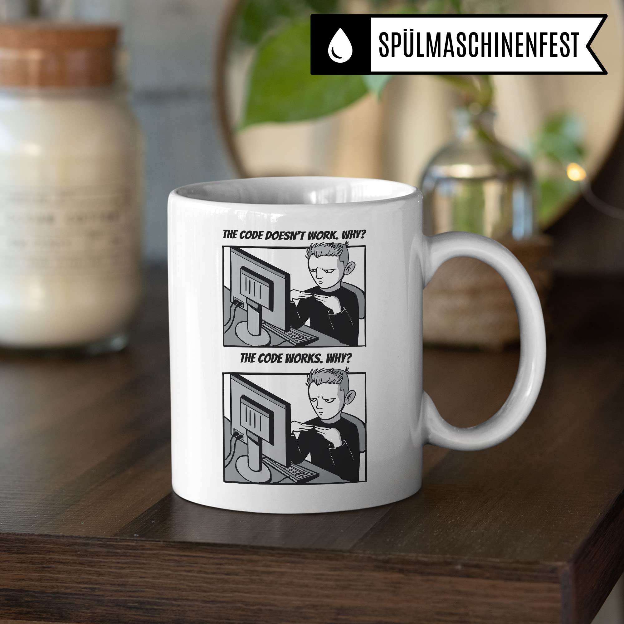 Informatik Geschenk Tasse, The Code doesn´t work - Why? Geschenkidee für Programmierer Kaffee-Becher Informatiker Programmieren Teetasse mit Spruch lustig