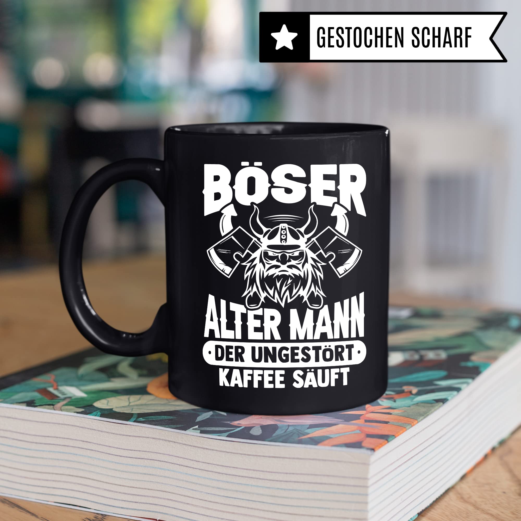 Tasse alter Mann, Böser alter Mann der ungestört Kaffee säuft Kaffee-Becher Geschenk Geschenkidee für alte Männer Papa Opa Kaffeetasse Wikinger-Motiv Tasse mit Spruch lustig