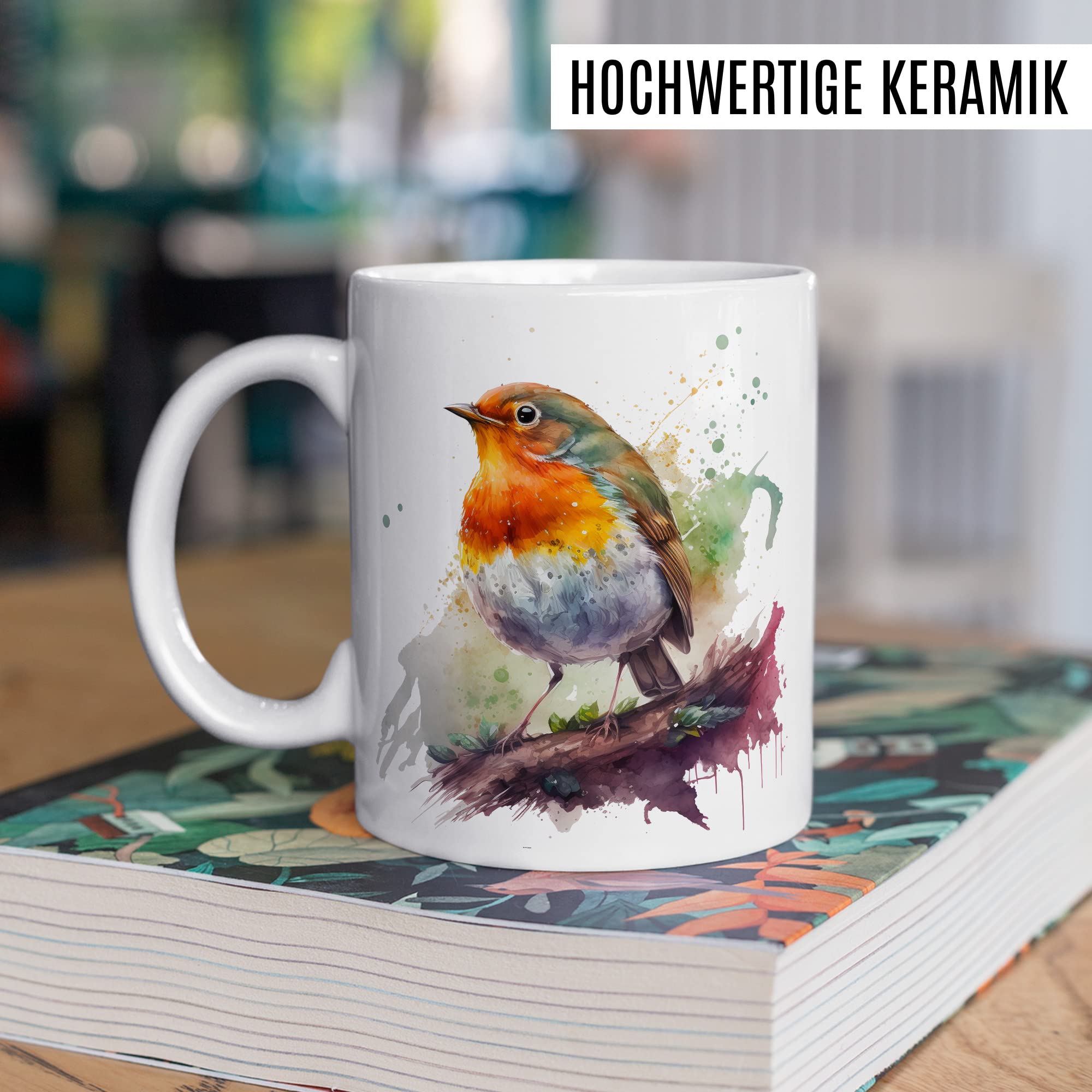 Rotkehlchen Tasse Wasserfarben Tier Geschenkidee Vogel Kaffeetasse Geschenk für Birdspotter Kaffeebecher Vögel Becher