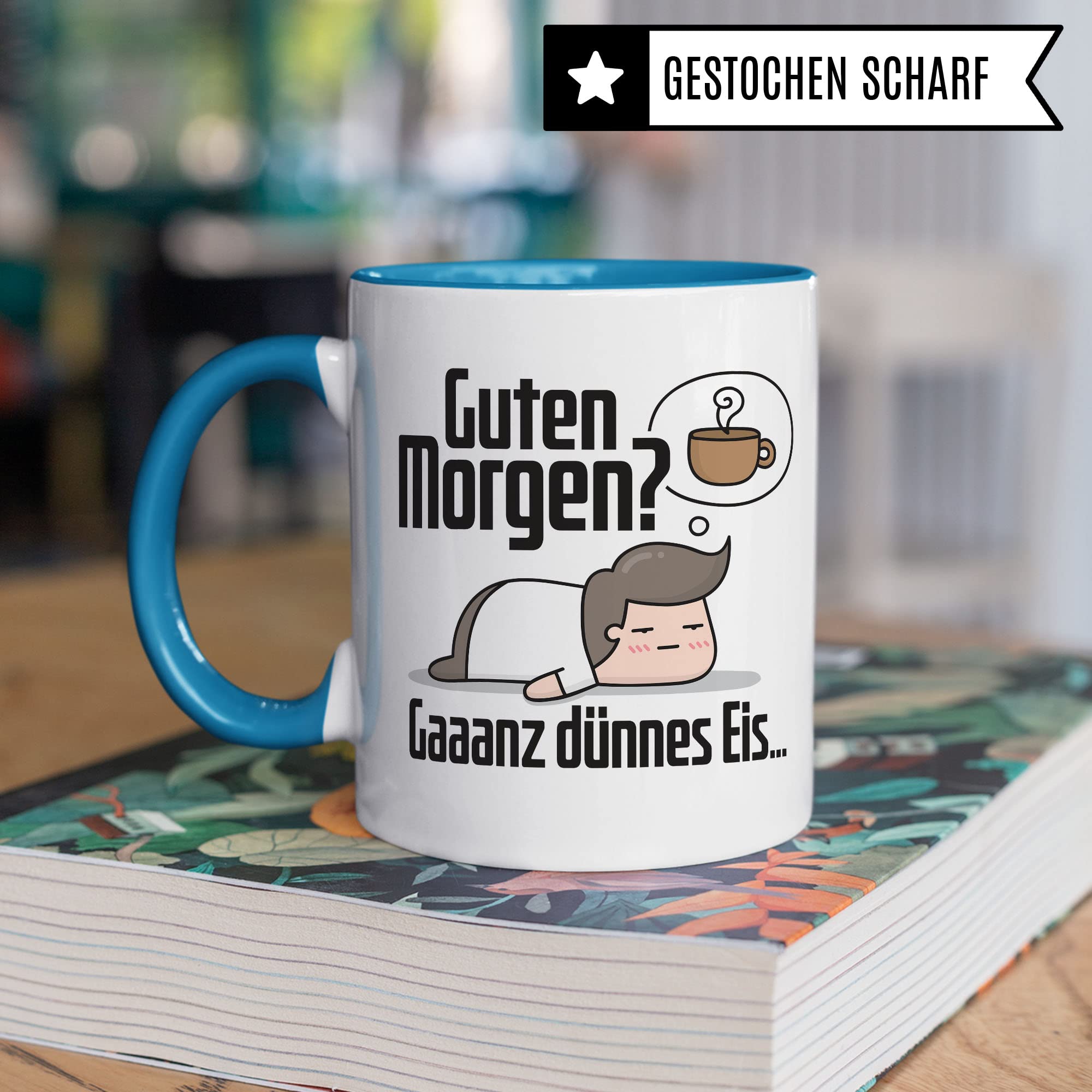 Tasse sarkastischer Spruch, Guten Morgen? Gaaanz dünnes Eis… lustige Geschenkidee Kaffeetasse mit Spruch fürs Büro, Geschenk Kollegen Freund Freundin Müde Morgenmuffel Kaffee-Becher