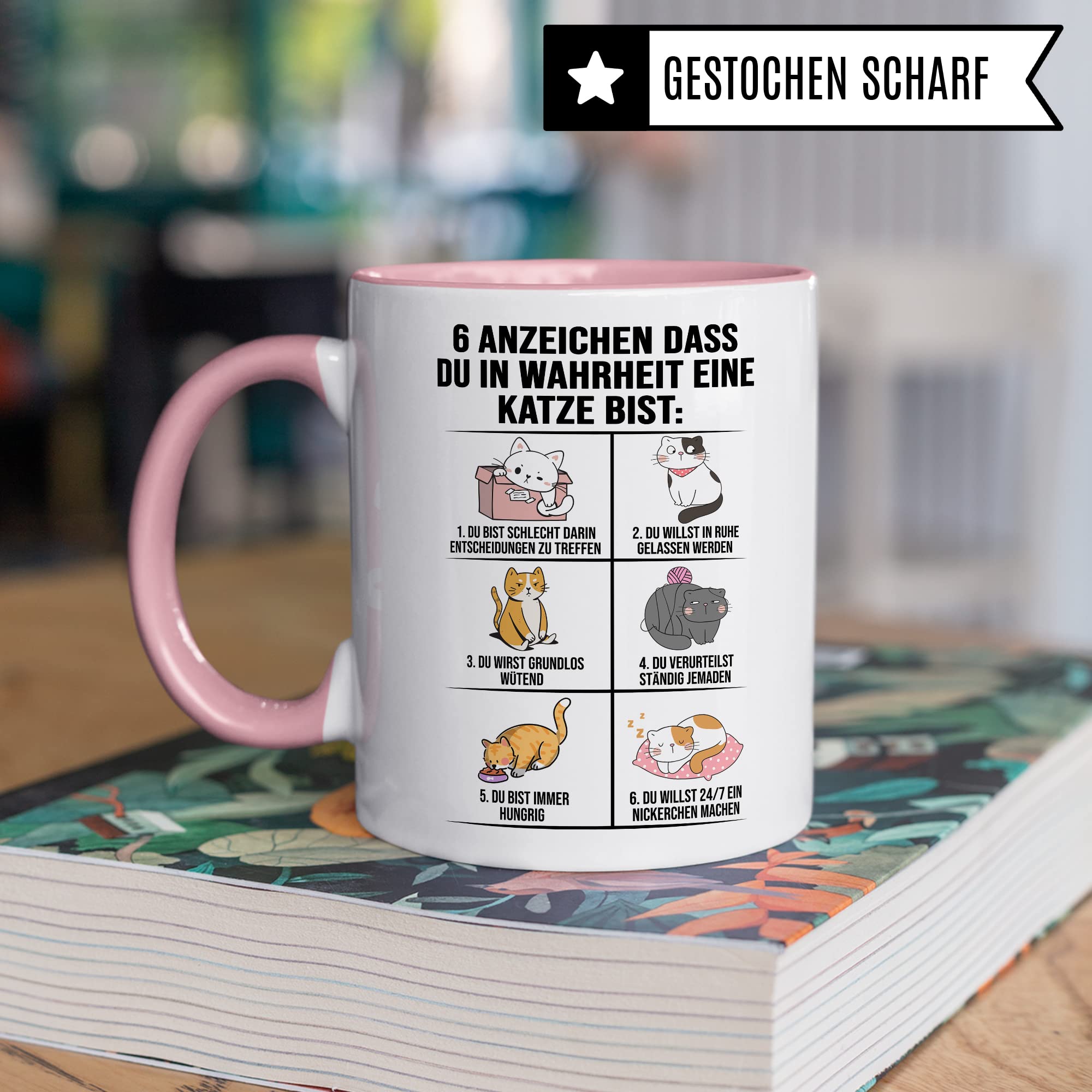 Lustige Tasse Katzen Kaffeetasse Humor Kaffee-Becher mit Spruch Katze Witz 6 Anzeichen dass du eine Katze bist Witz Katzenmama Geschenk Geschenkidee für Katzenliebhaber