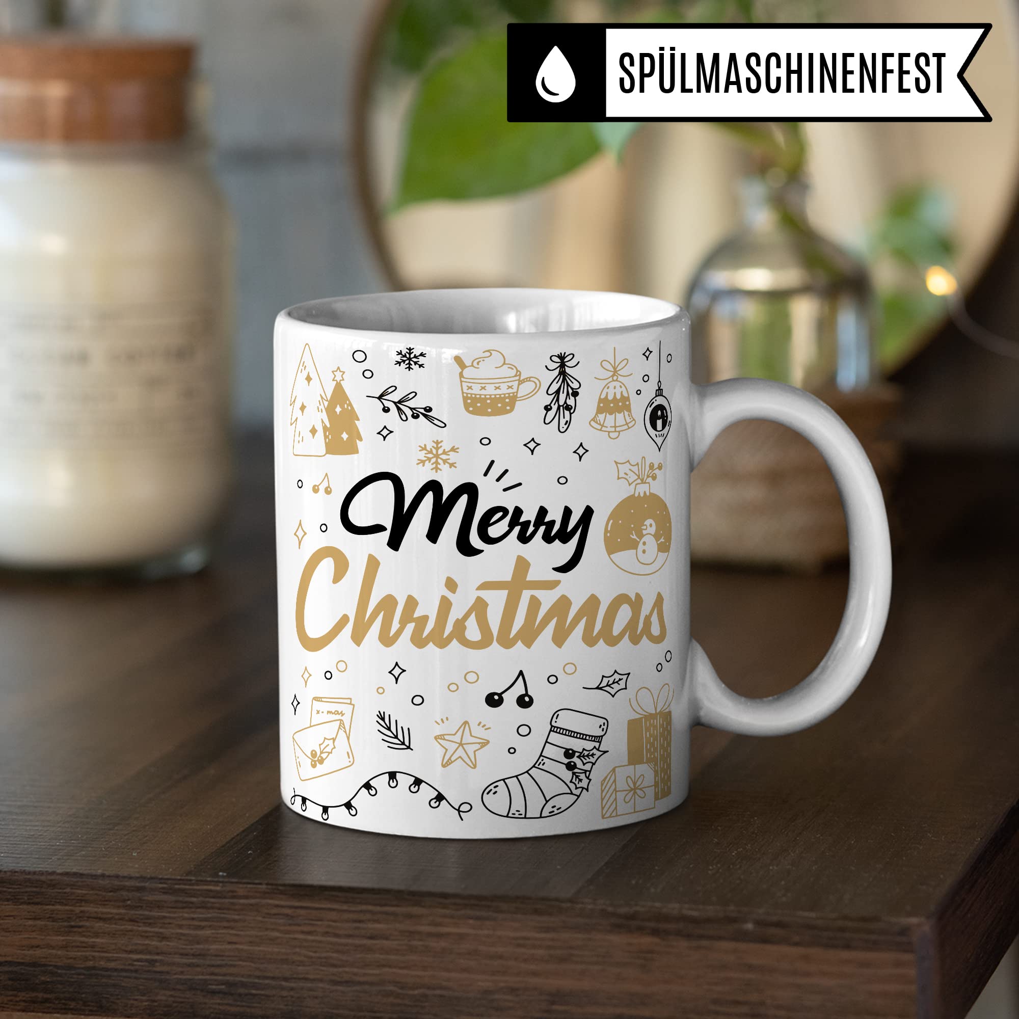 Merry Christmas Tasse Weihnachten Kaffeetasse xmas Geschenk Kollegen Geschenkidee Mama Advent Glühwein-Becher Tee Oma Deko Winter weihnachtlich Rot Gold Amerikanisch