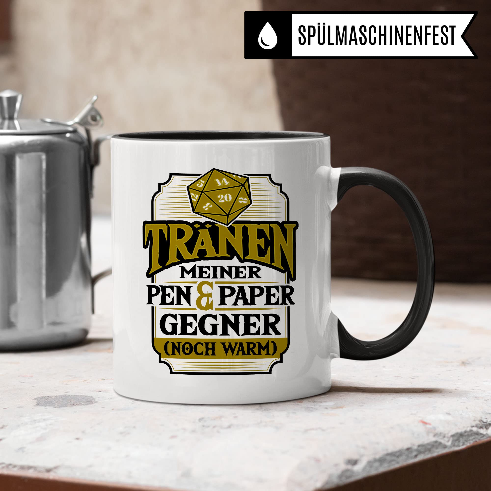 DnD Roleplay Tasse, Tränen meiner Pen & Paper Gegner (noch warm) Spruch, Rollenspiel Spruch D20 Dice Geschenk, Pen & Paper Tabletop D20 Motiv - RPG Dungeon Kaffee-Becher Geschenkidee