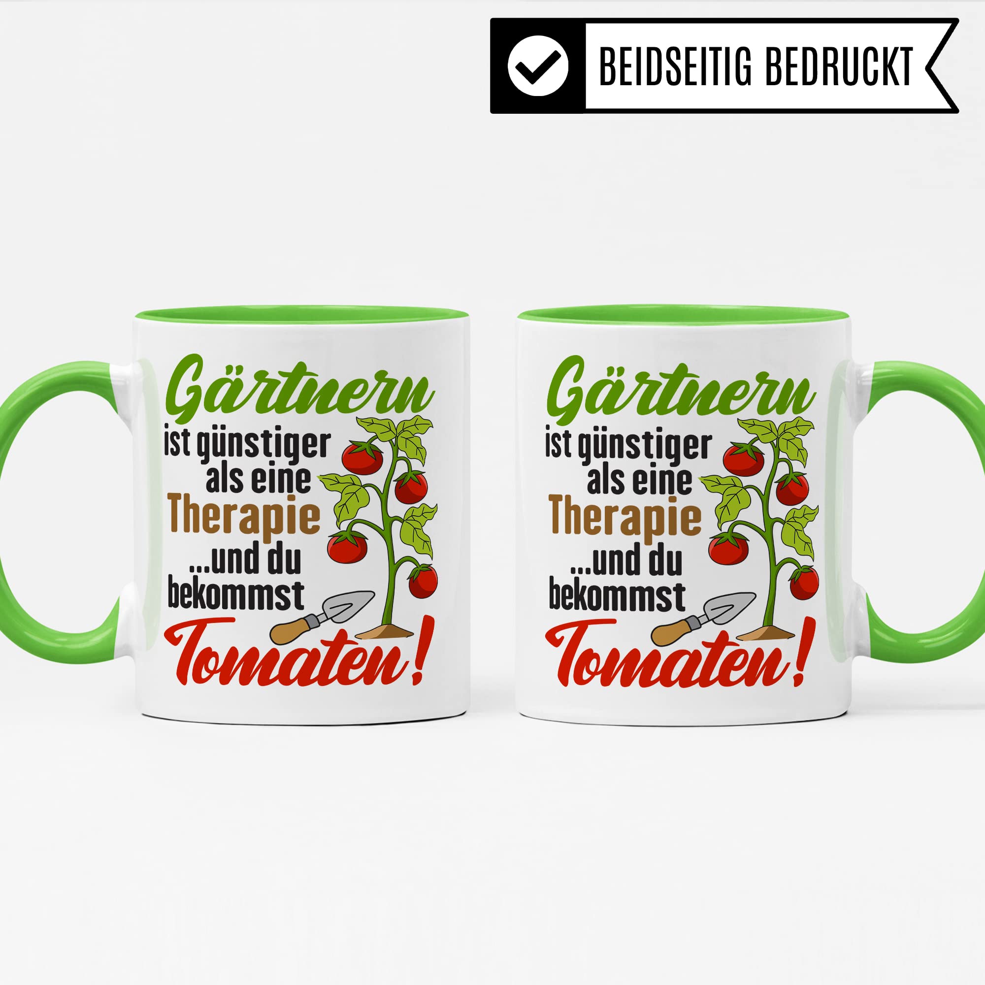 Garten Tasse, Gärtnern ist günstiger als eine Therapie - ...und du bekommst Tomaten!, Geschenk Gartenliebhaber Garten-Motiv Kaffeebecher Hobby-Gärtner Hobby-Gärtnerin, Tomaten-Pflanzen-Motiv Kaffeetasse