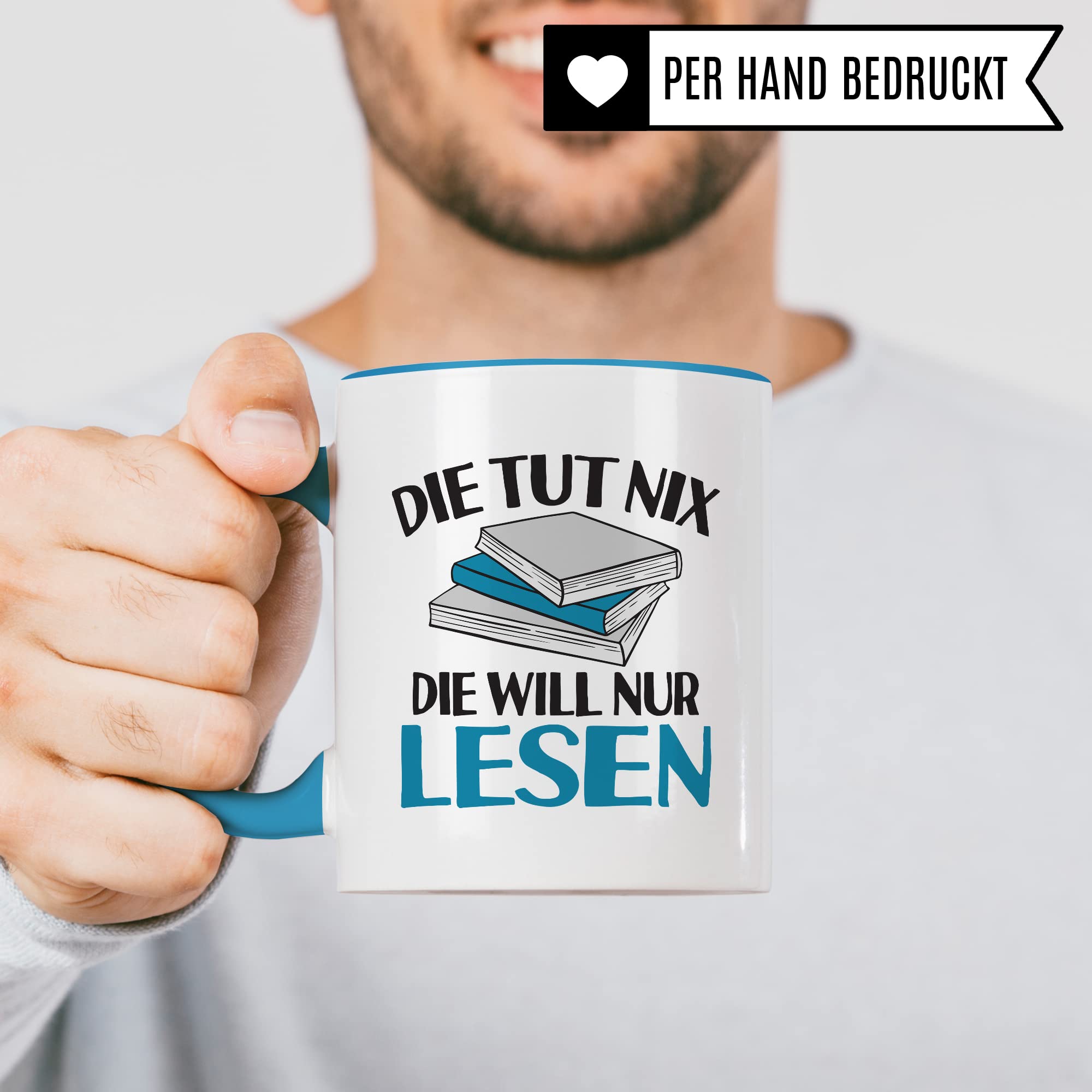 Lesen Tasse lustig Kaffeetasse mit Spruch Bücherwurm Geschenkidee Humor Kaffee-Becher Leseratte Geschenk Die tut nix Die will nur lesen Freundin Kollegin Buch Fan Geschenkartikel lustig Teetasse