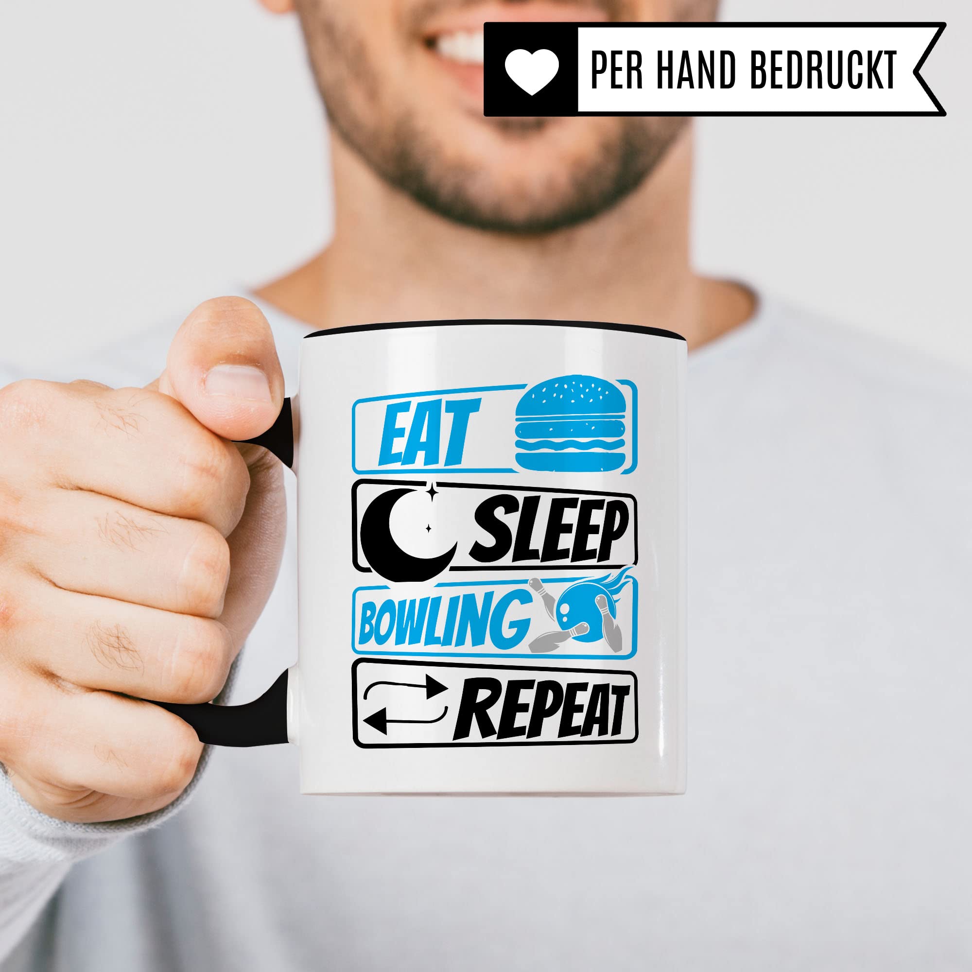 Bowling Tasse Geschenkidee Kaffeetasse Geschenk für Bowler Kaffeebecher Eat Sleep Repeat Becher