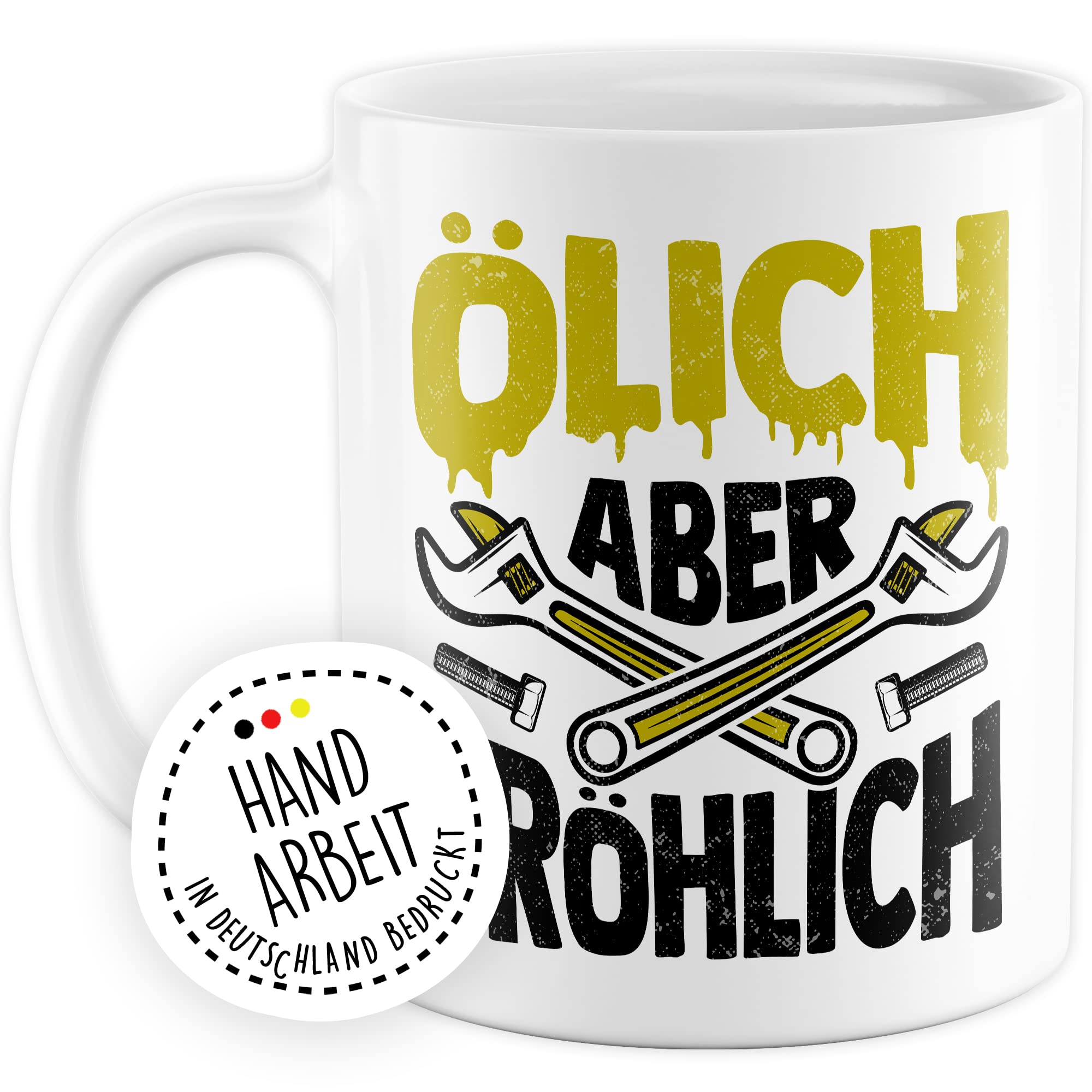 Tasse Mechatroniker Geschenk, Ölich aber Fröhlich Geschenkidee KFZ-Mechatroniker Kaffee-Becher Kaffeetasse Tasse mit Spruch lustig Mechaniker Schrauber Teetasse