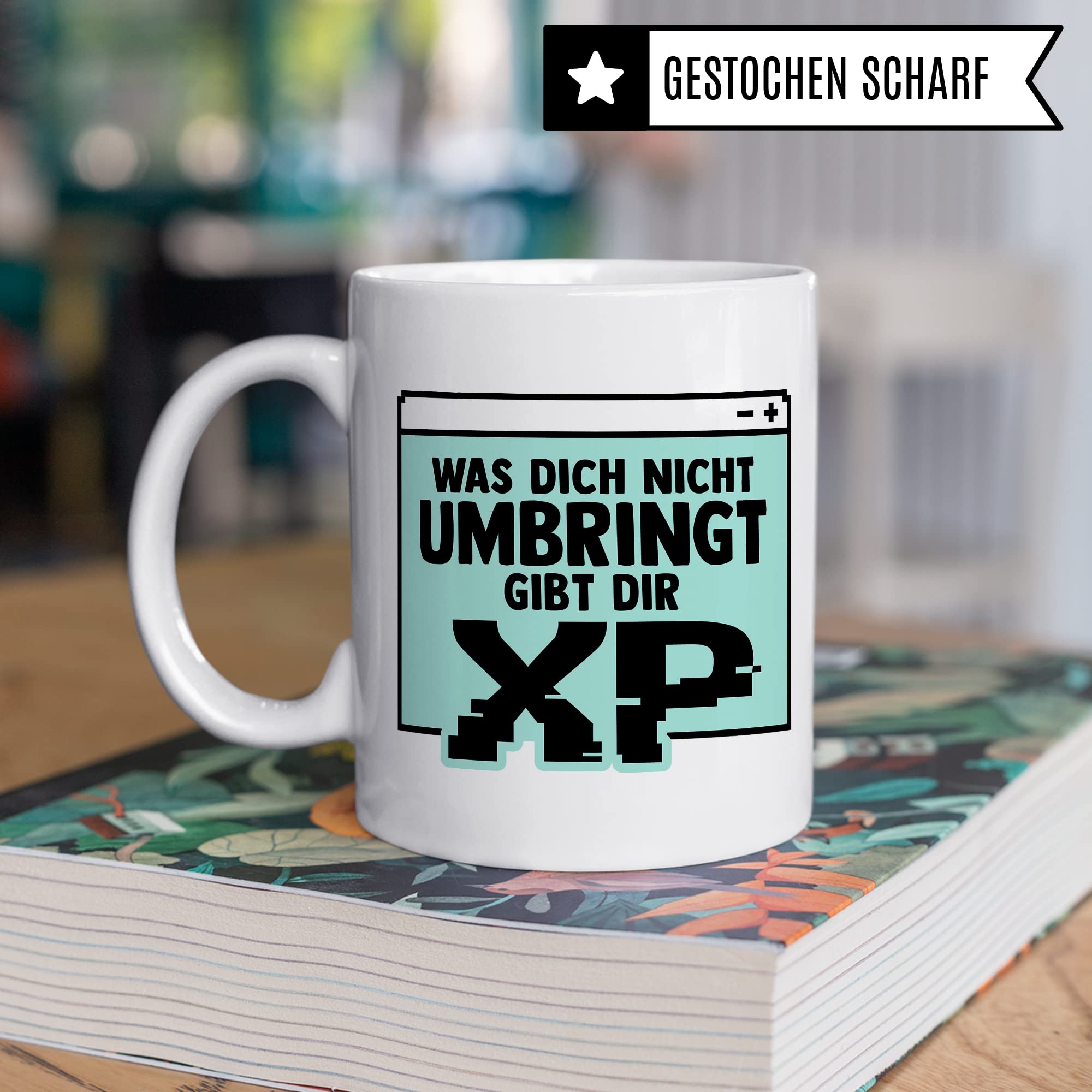 Gamer Tasse, Was dich nicht umbringt gibt dir XP Geschenkidee für Computerspieler und Zocker Kaffee-Becher Geschenk Nerd Gaming Kaffeetasse mit Spruch lustig