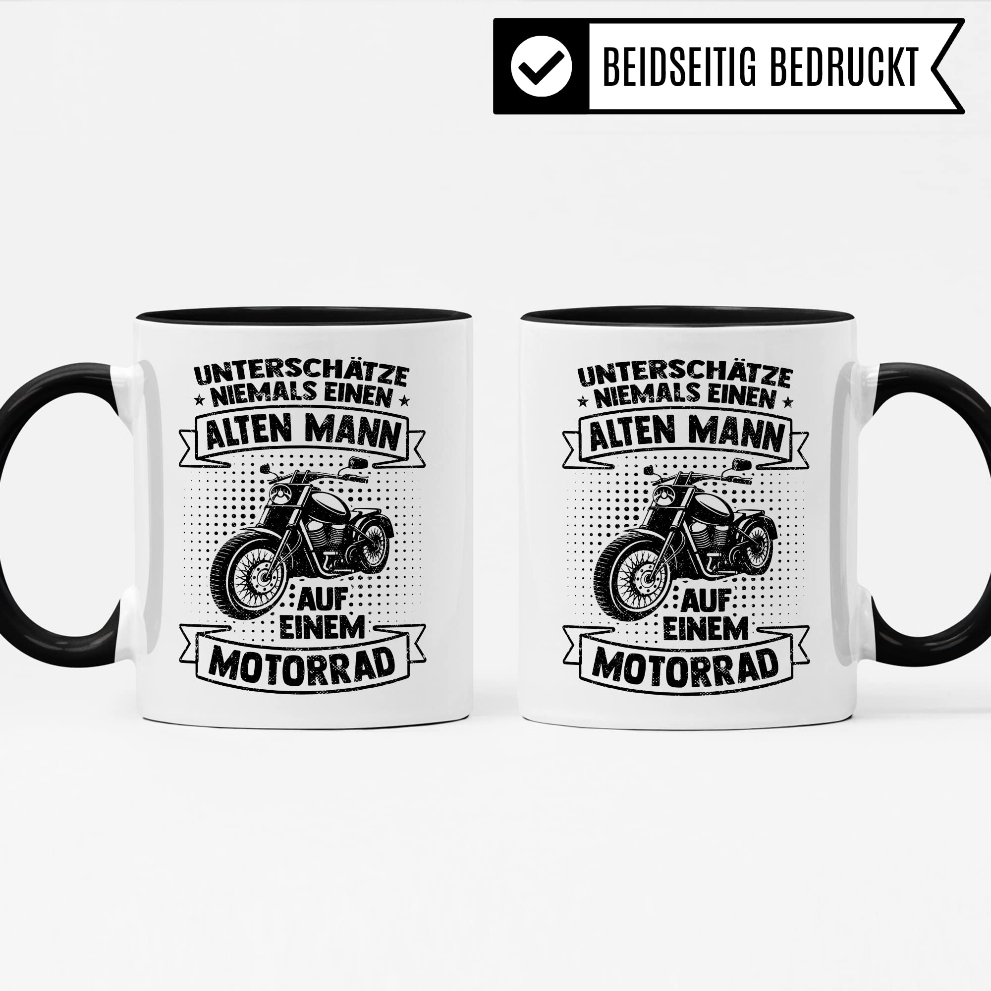 Motorrad Tasse, Unterschätze niemals einen alten Mann auf einem Motorrad, Biker Geschenk Spruch lustig Motiv Geschenkidee Kaffeetasse Motorradfahrer Männer Kaffeebecher