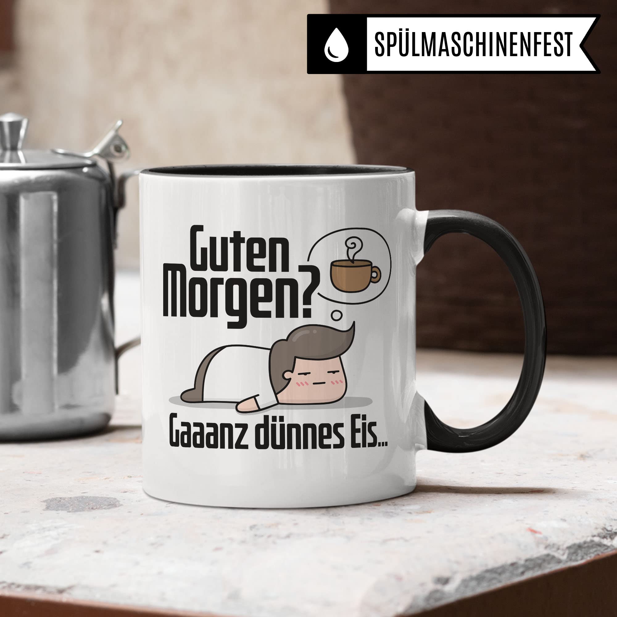 Tasse sarkastischer Spruch, Guten Morgen? Gaaanz dünnes Eis… lustige Geschenkidee Kaffeetasse mit Spruch fürs Büro, Geschenk Kollegen Freund Freundin Müde Morgenmuffel Kaffee-Becher