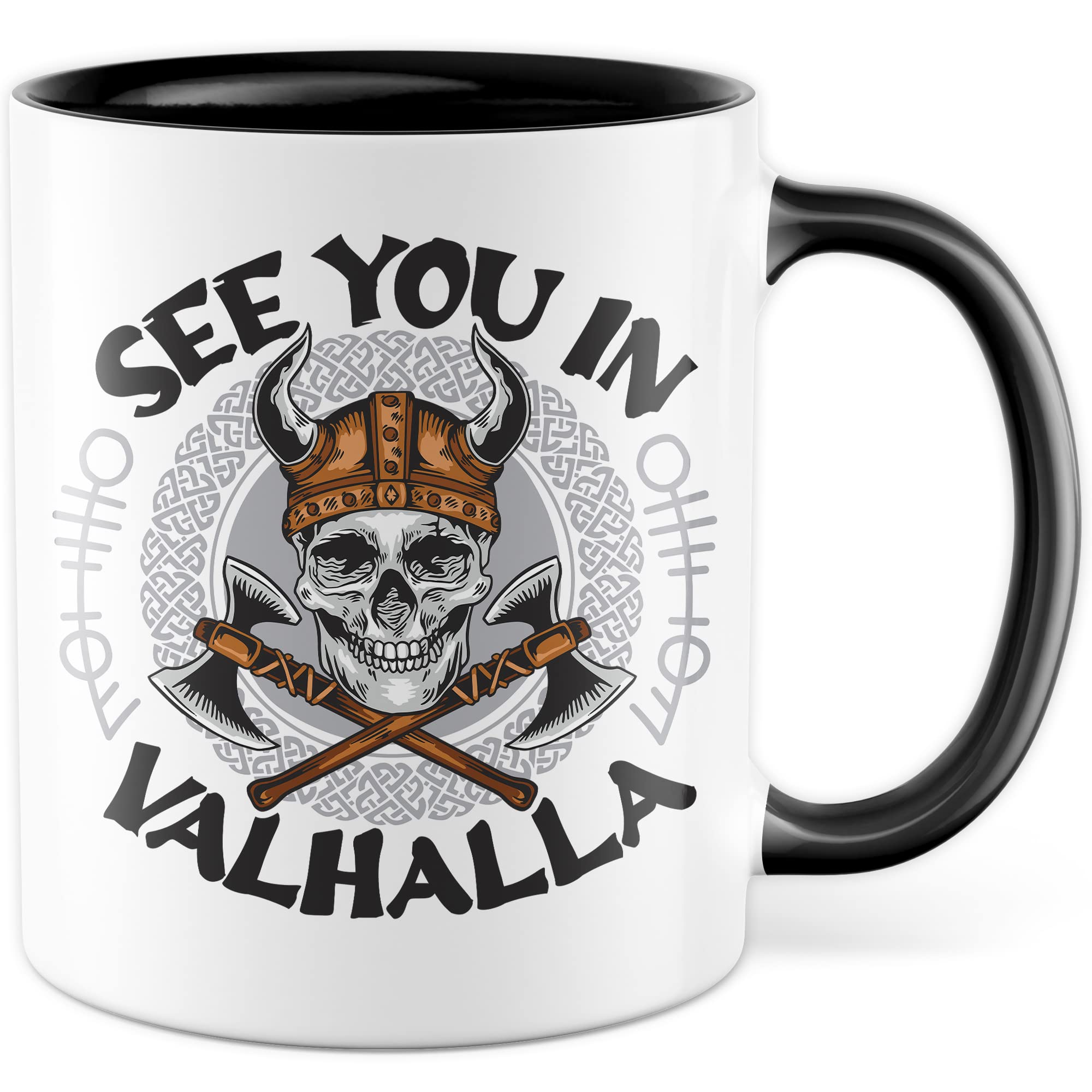 Tasse Wikinger Geschenk, See you in Valhalla Geschenkidee Kaffee-Becher Kaffetasse mit Motiv Wikinger Valhalla Viking Teetasse Totenkopf Axt