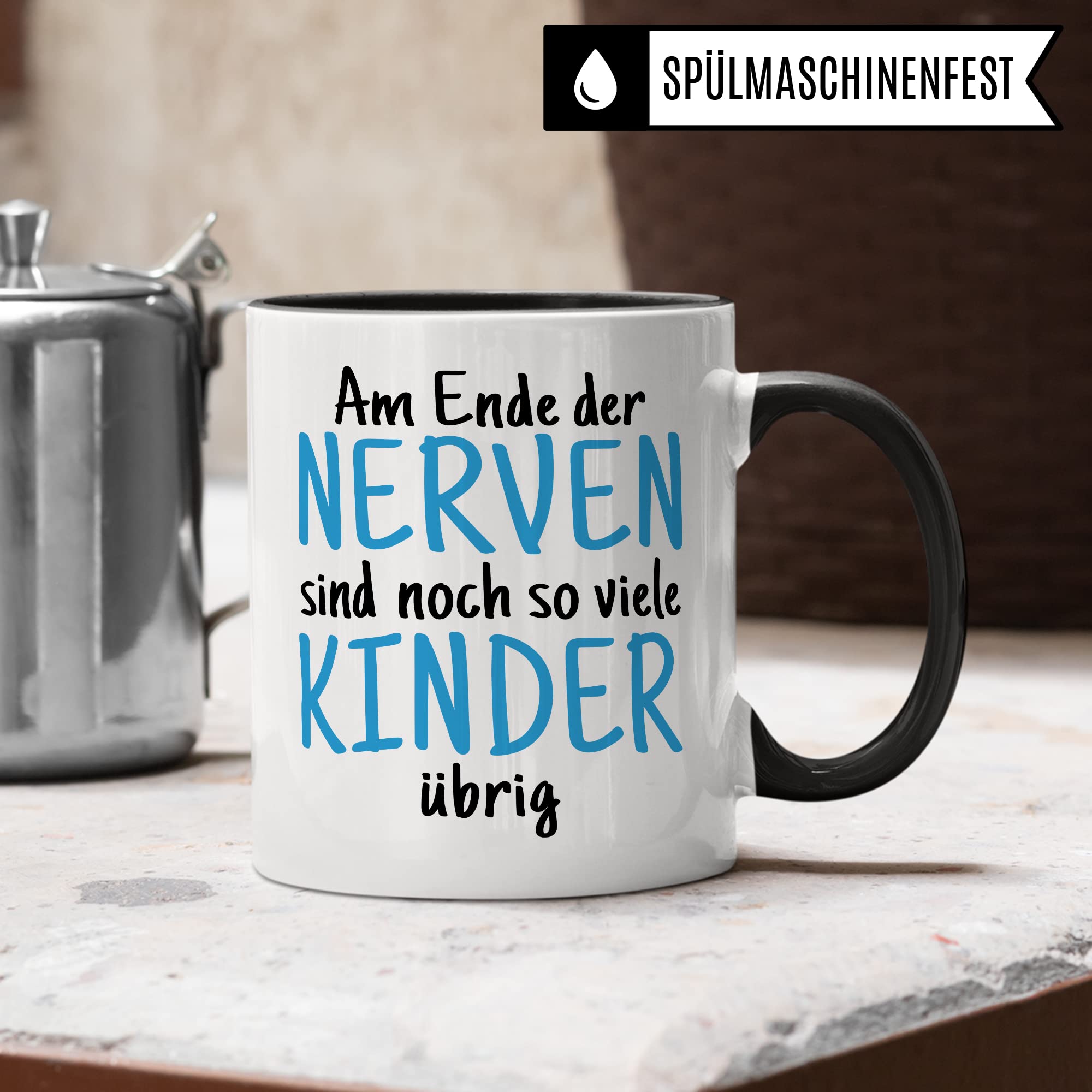 Tasse Eltern Geschenk, Am Ende der Nerven sind noch so viele Kinder über Geschenkidee Kaffeetasse Kaffee-Becher Tasse mit Spruch lustig Witztasse Mama Papa